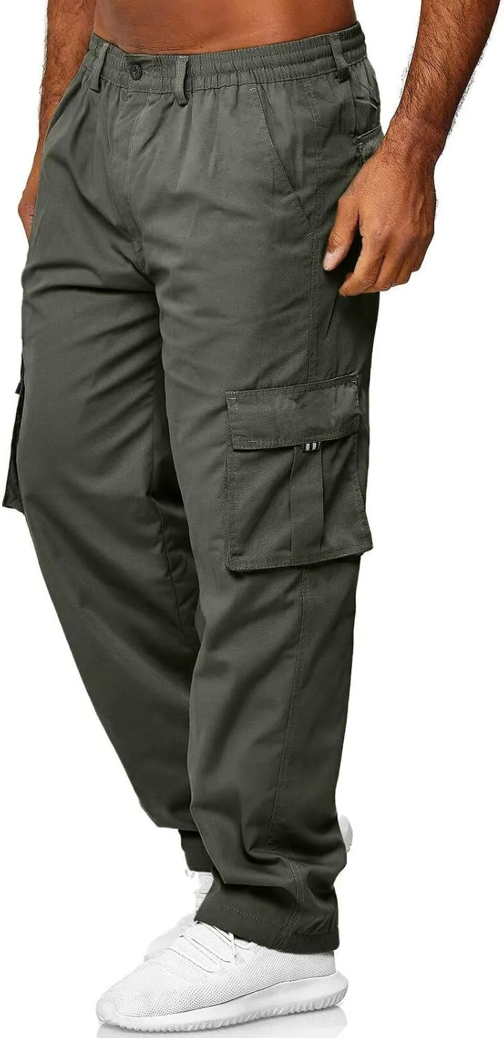 Men's Long Solid Color Cargo Pants Elastic Waistband Trousers Men's Jogger Pants Men's Slim-Fit Stretch Cargo Pant
