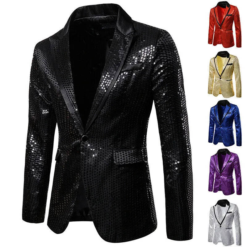 Men's Sequin Blazer Casual Slim Fitness Formal One Button Office Suit Blazer Coat Sequins Suit Jacket