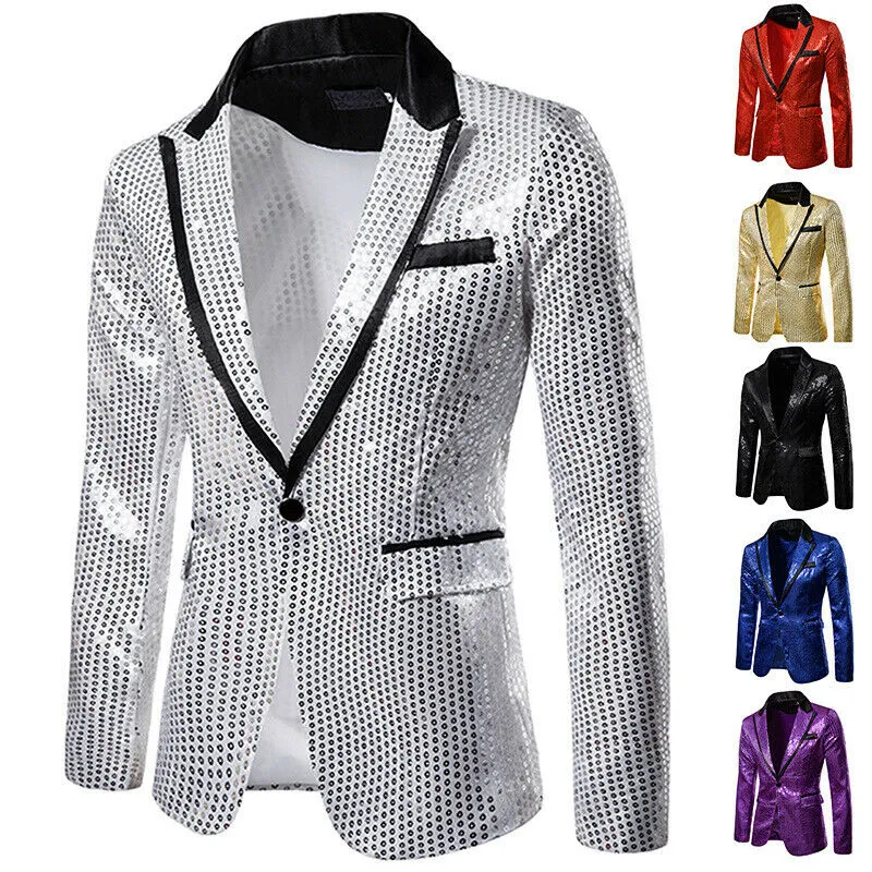 Men's Sequin Blazer Casual Slim Fitness Formal One Button Office Suit Blazer Coat Sequins Suit Jacket