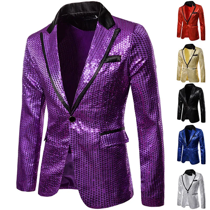 Men's Sequin Blazer Casual Slim Fitness Formal One Button Office Suit Blazer Coat Sequins Suit Jacket