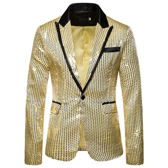 Men's Sequin Blazer Casual Slim Fitness Formal One Button Office Suit Blazer Coat Sequins Suit Jacket