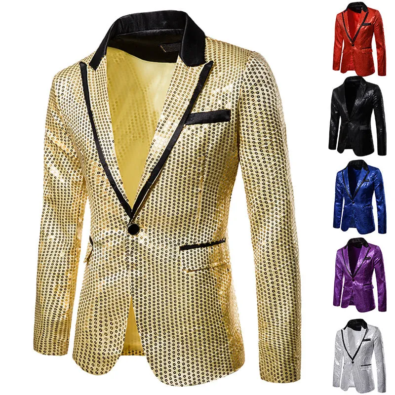 Men's Sequin Blazer Casual Slim Fitness Formal One Button Office Suit Blazer Coat Sequins Suit Jacket