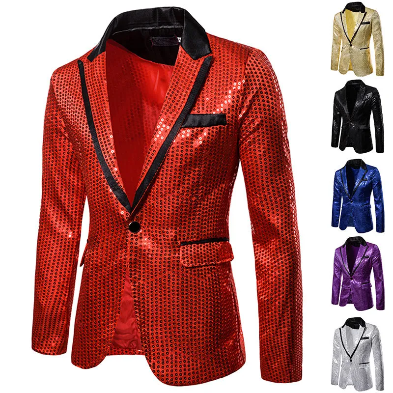 Men's Sequin Blazer Casual Slim Fitness Formal One Button Office Suit Blazer Coat Sequins Suit Jacket