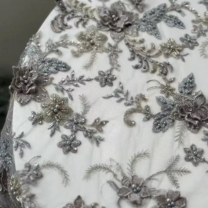 Metallic 3D Floral Embroidered Lace Fabric