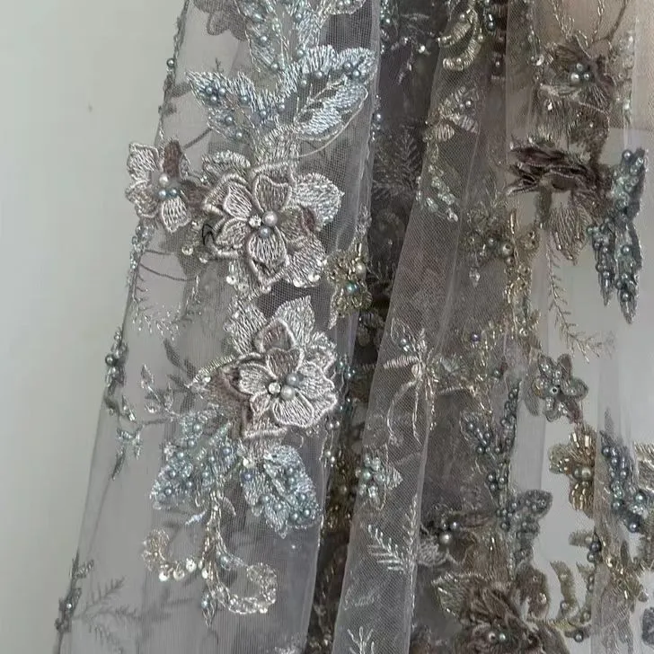 Metallic 3D Floral Embroidered Lace Fabric