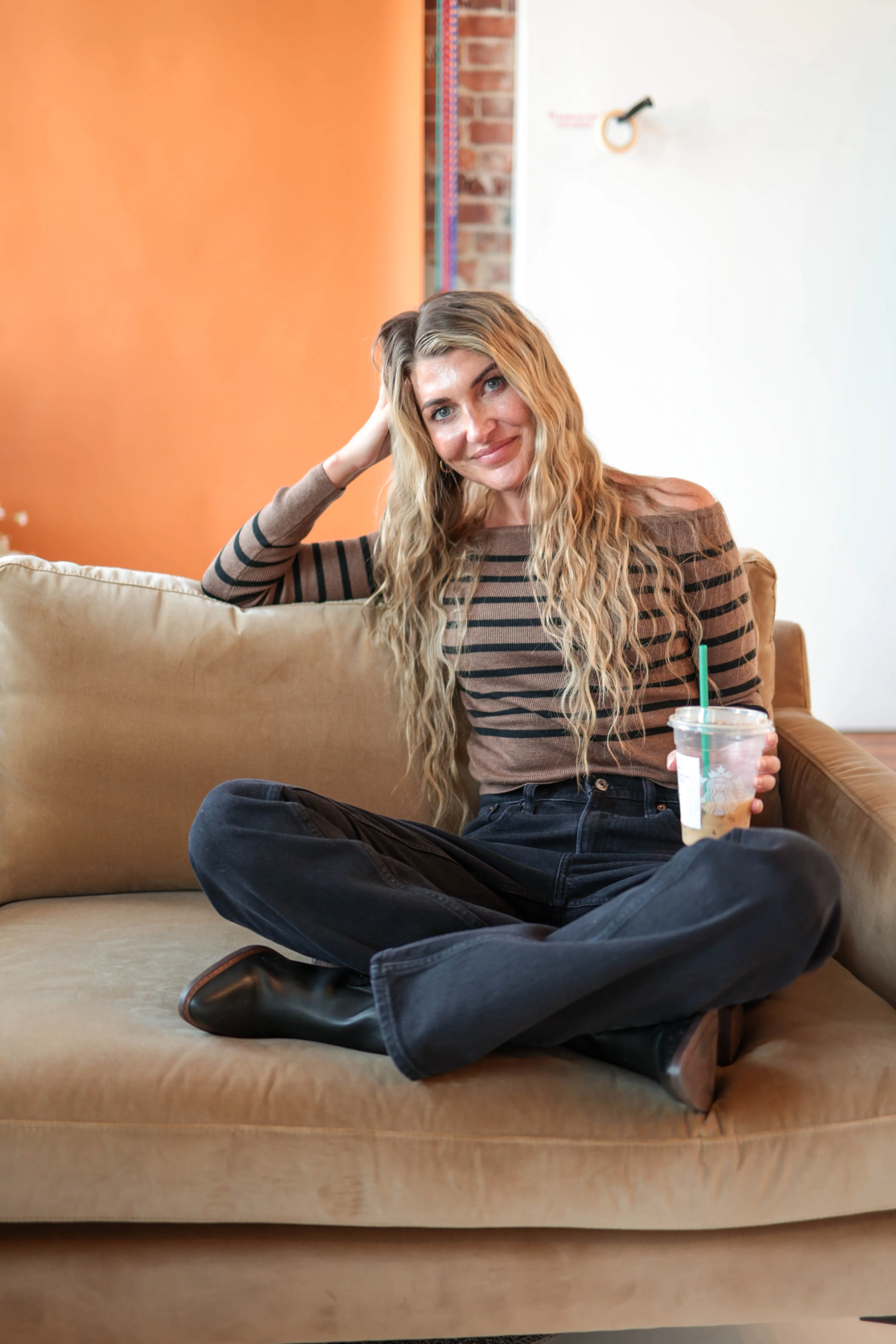 Mocha Off The Shoulder Stripe Top