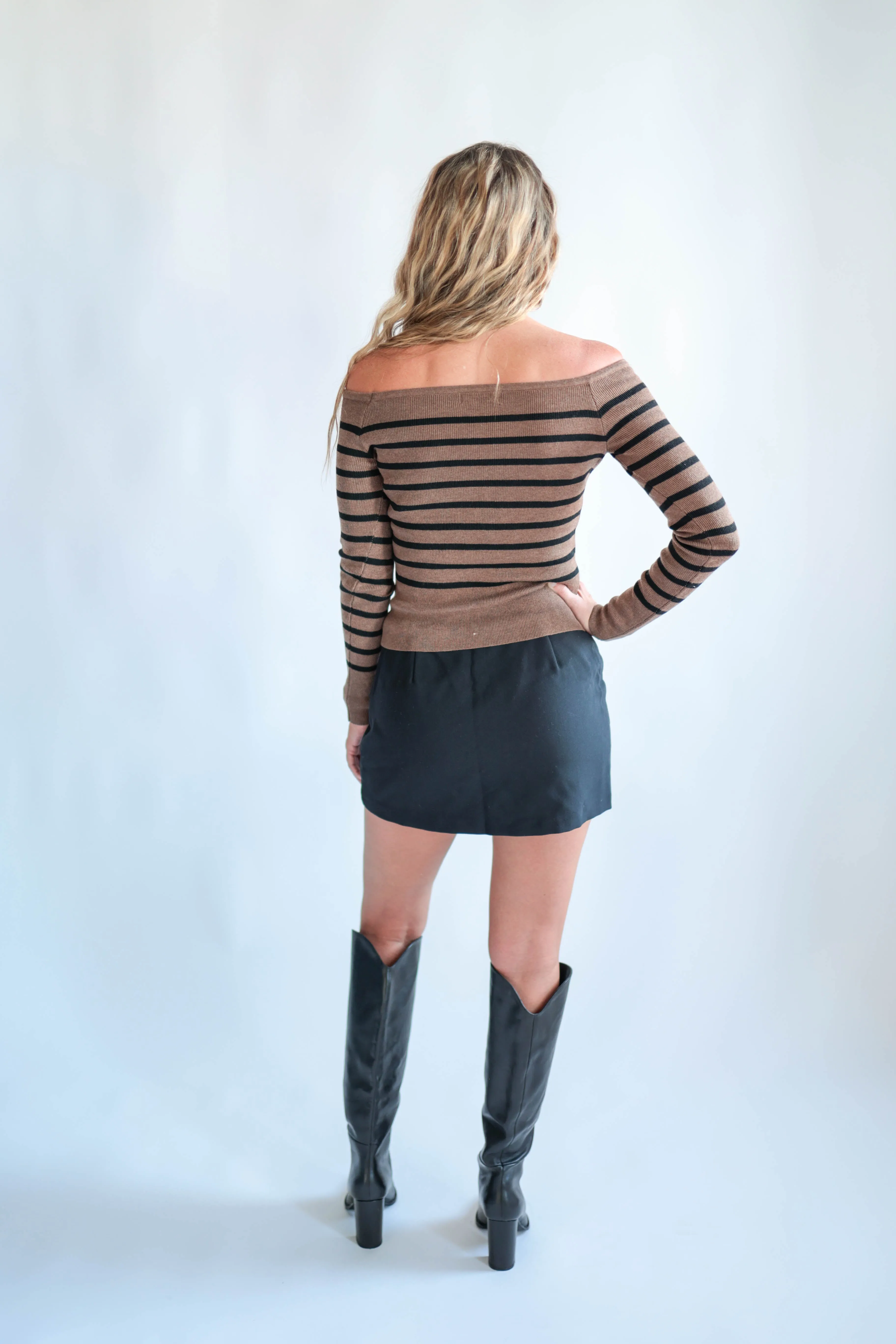 Mocha Off The Shoulder Stripe Top