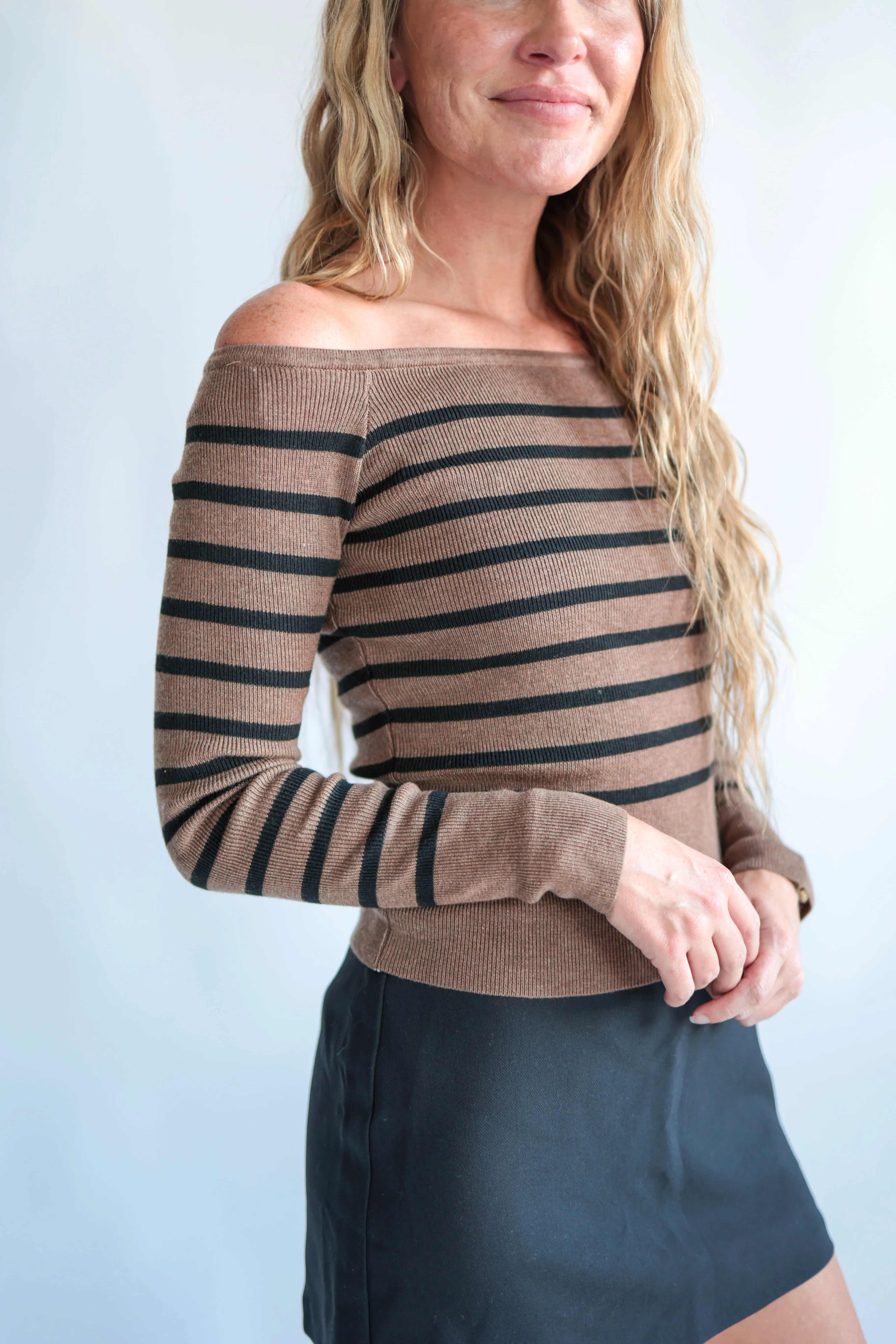 Mocha Off The Shoulder Stripe Top