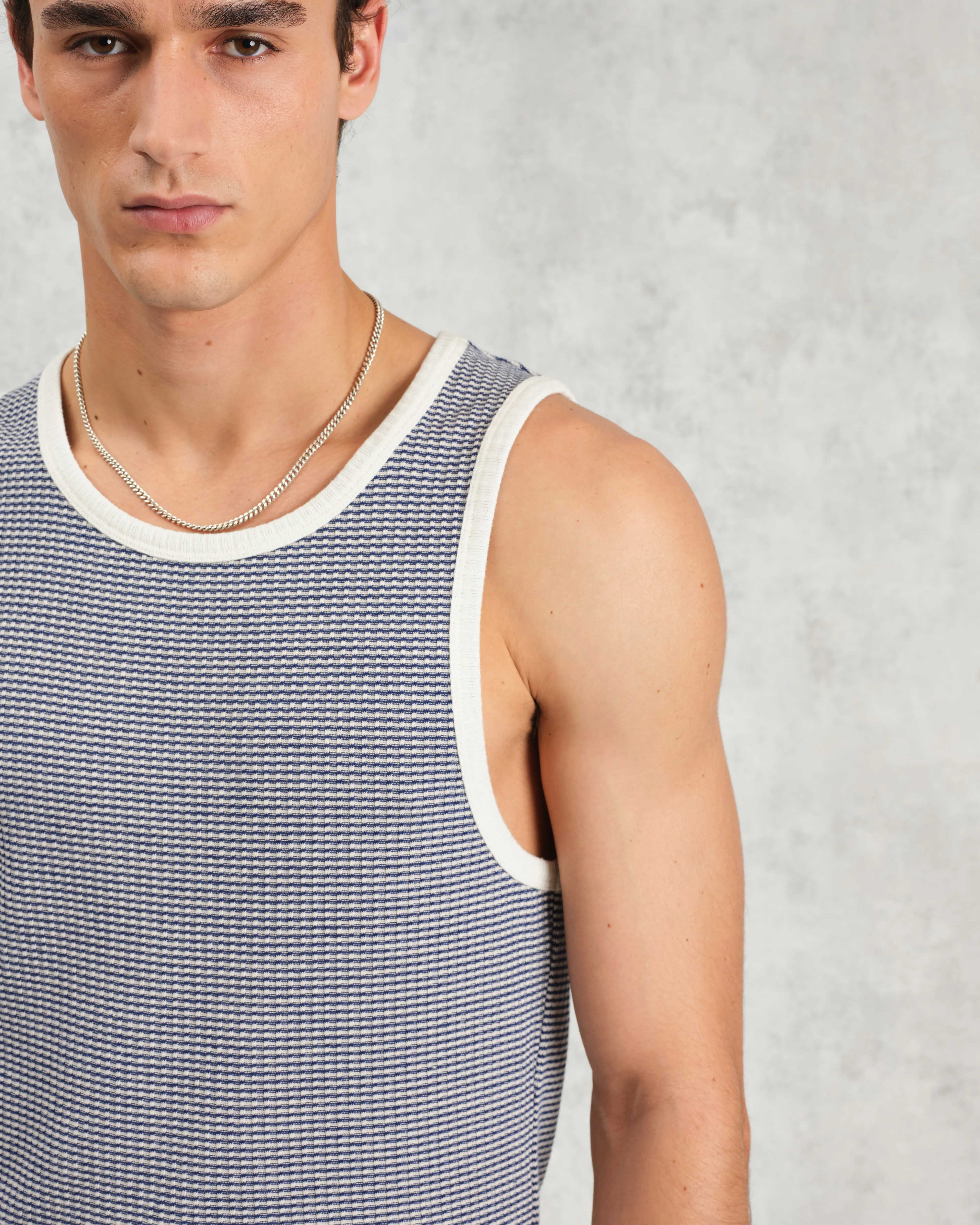 Montague - Blue And Ecru Striped Ribbed Organic Cotton Vest