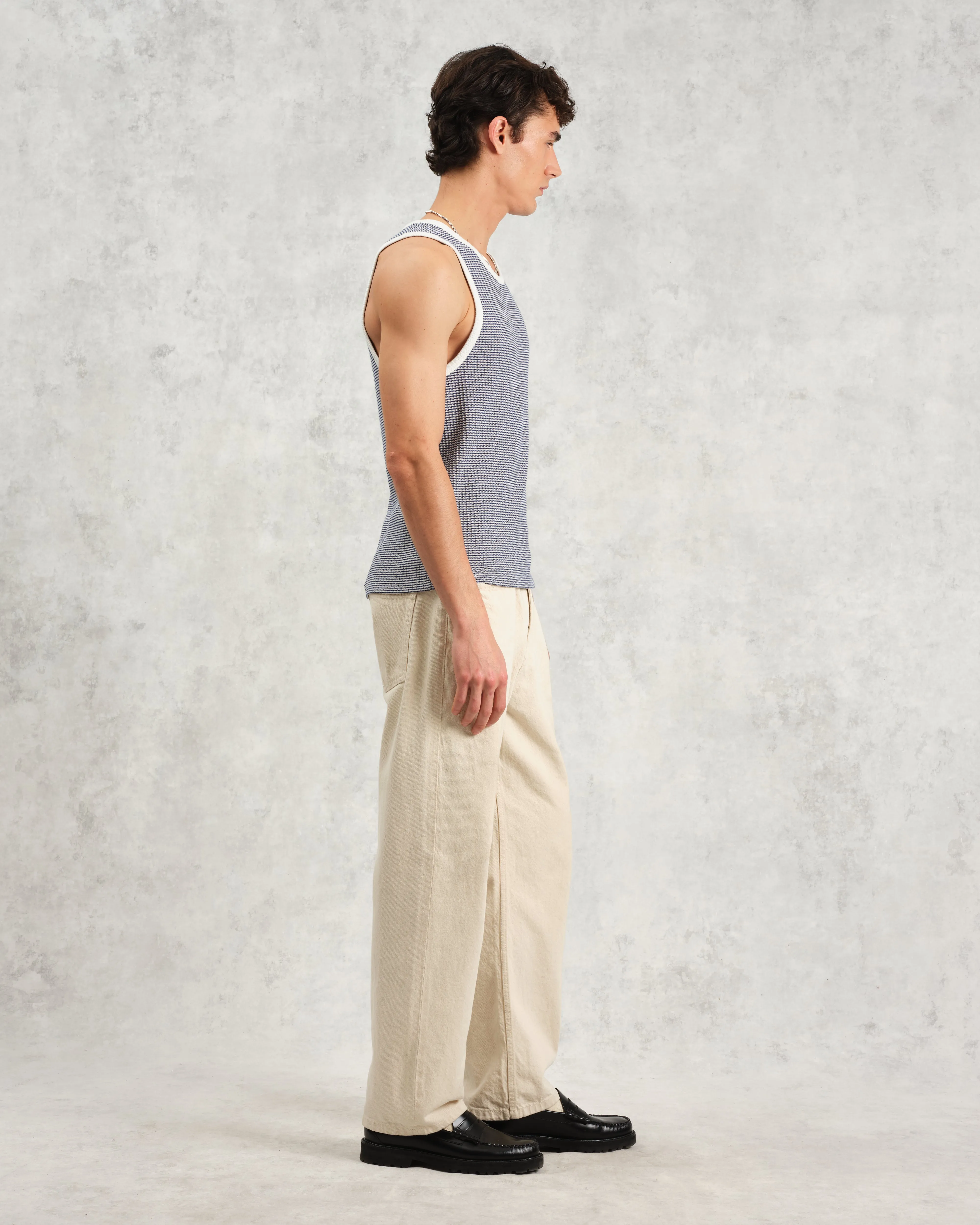 Montague - Blue And Ecru Striped Ribbed Organic Cotton Vest