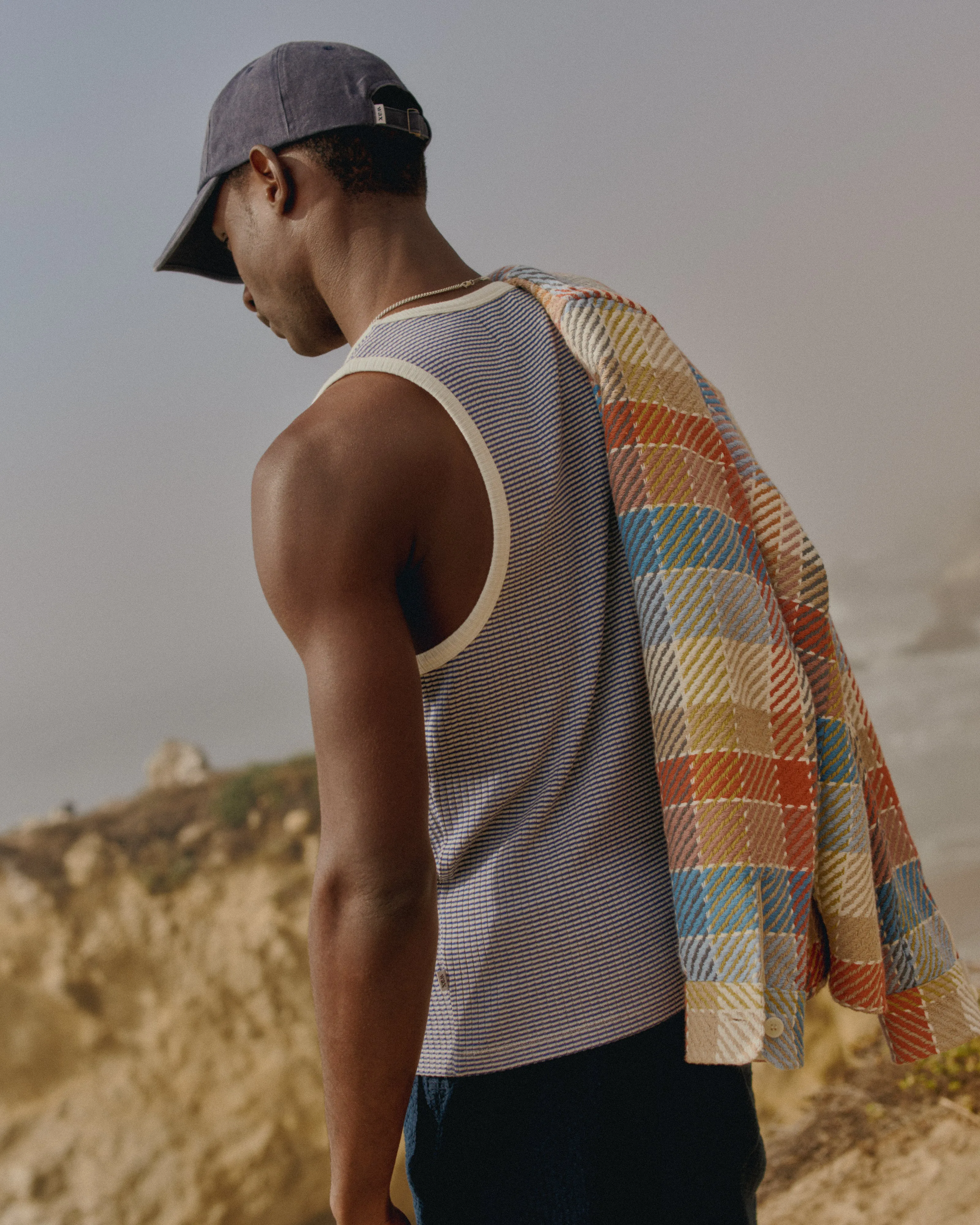 Montague - Blue And Ecru Striped Ribbed Organic Cotton Vest