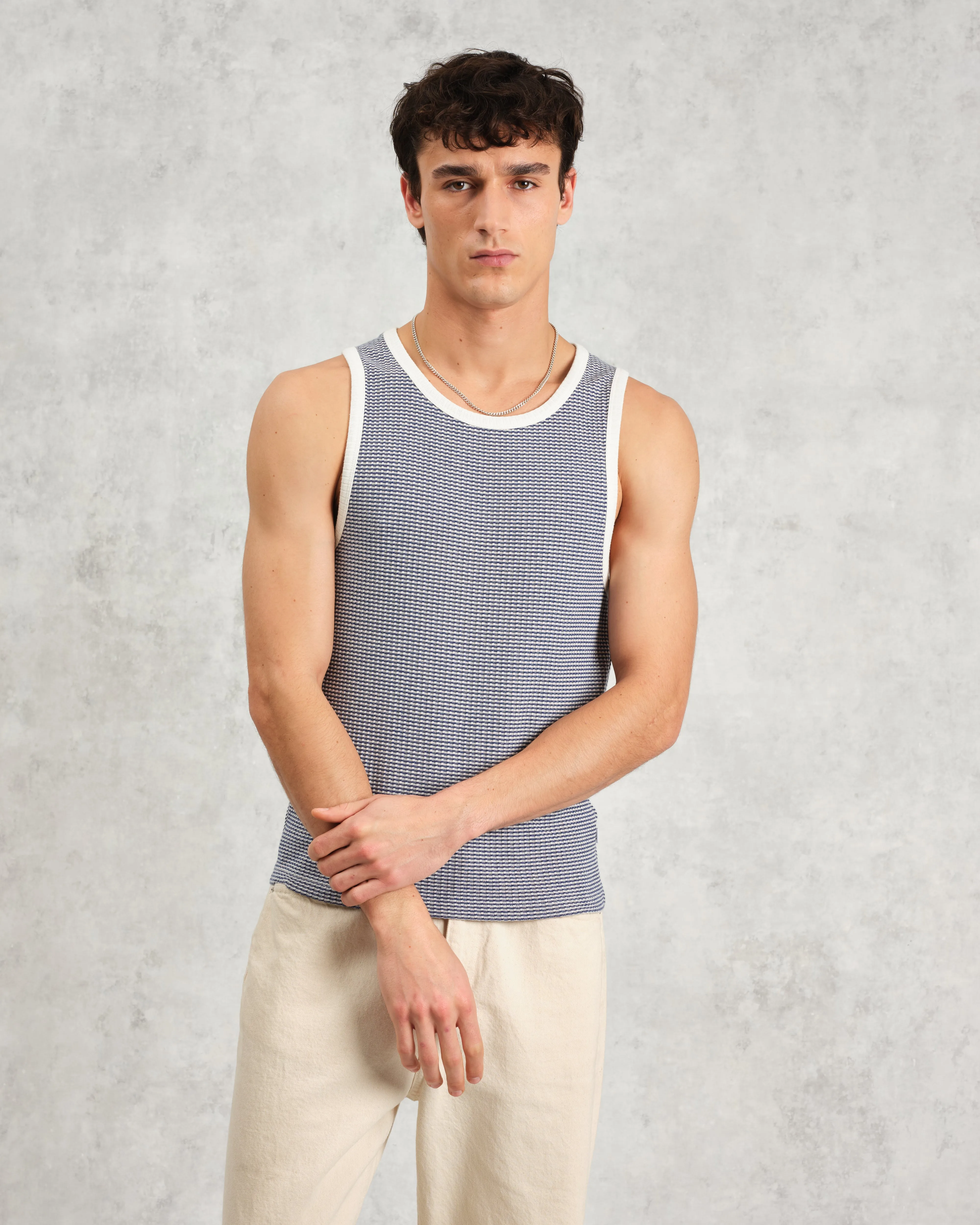 Montague - Blue And Ecru Striped Ribbed Organic Cotton Vest
