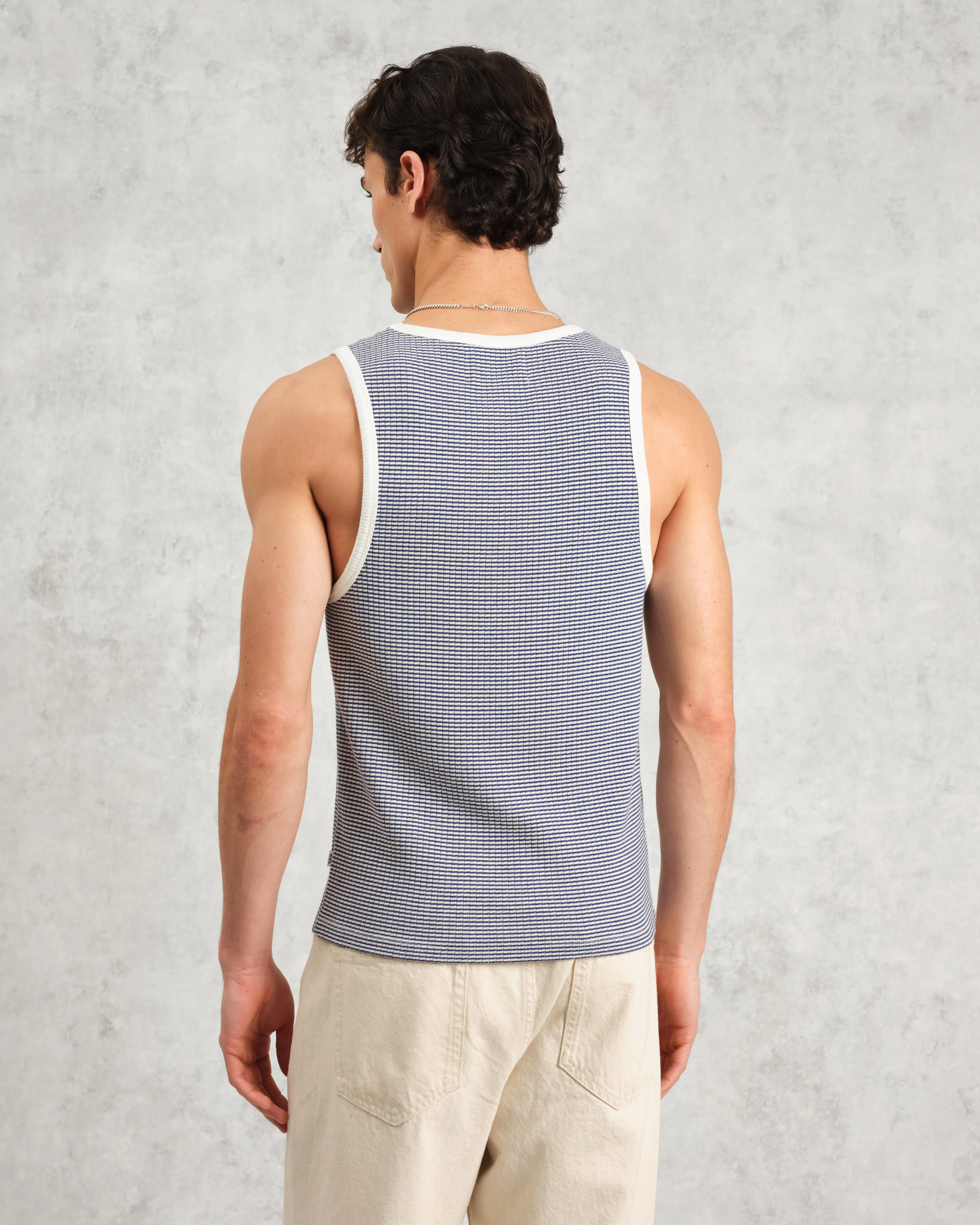 Montague - Blue And Ecru Striped Ribbed Organic Cotton Vest