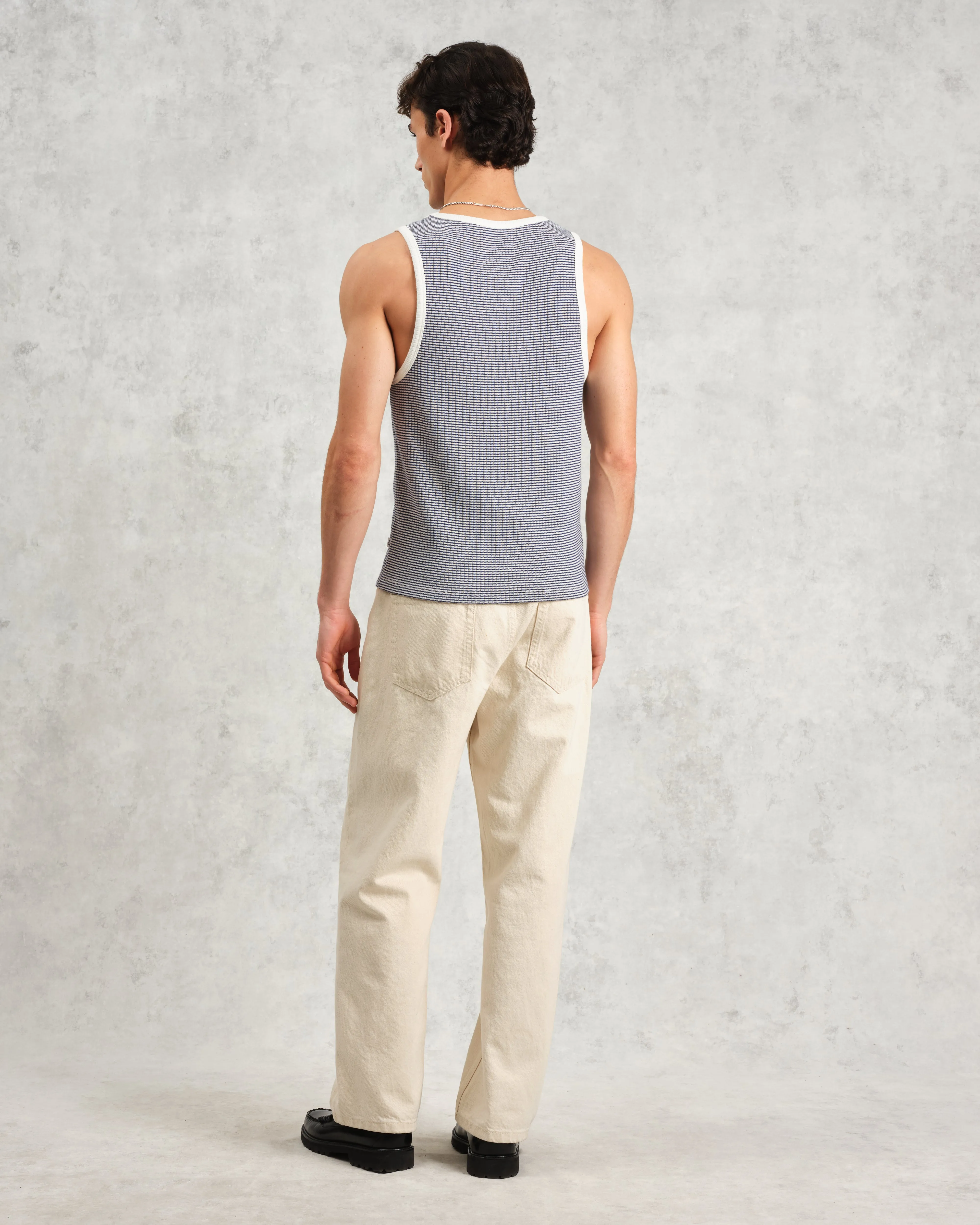 Montague - Blue And Ecru Striped Ribbed Organic Cotton Vest