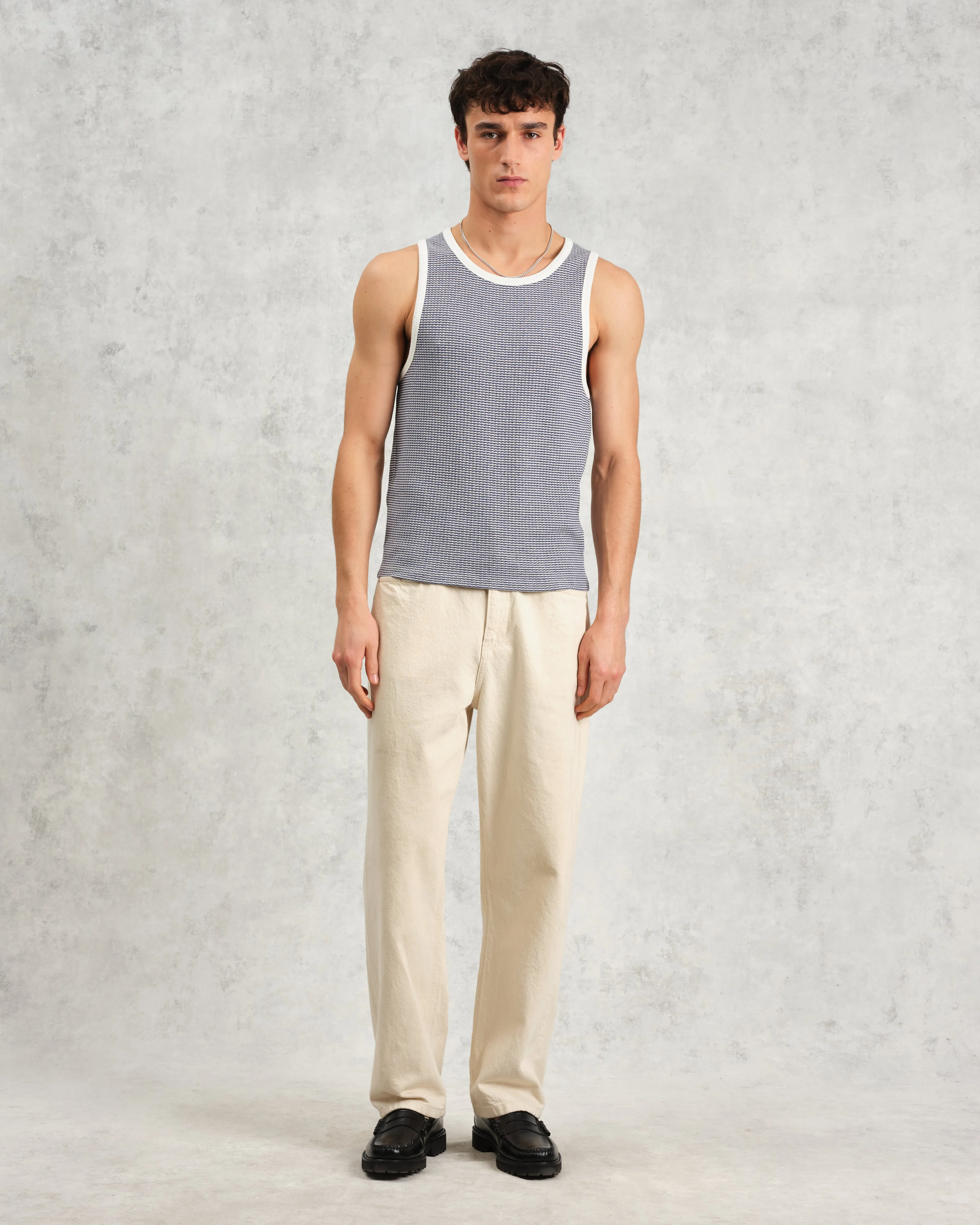 Montague - Blue And Ecru Striped Ribbed Organic Cotton Vest
