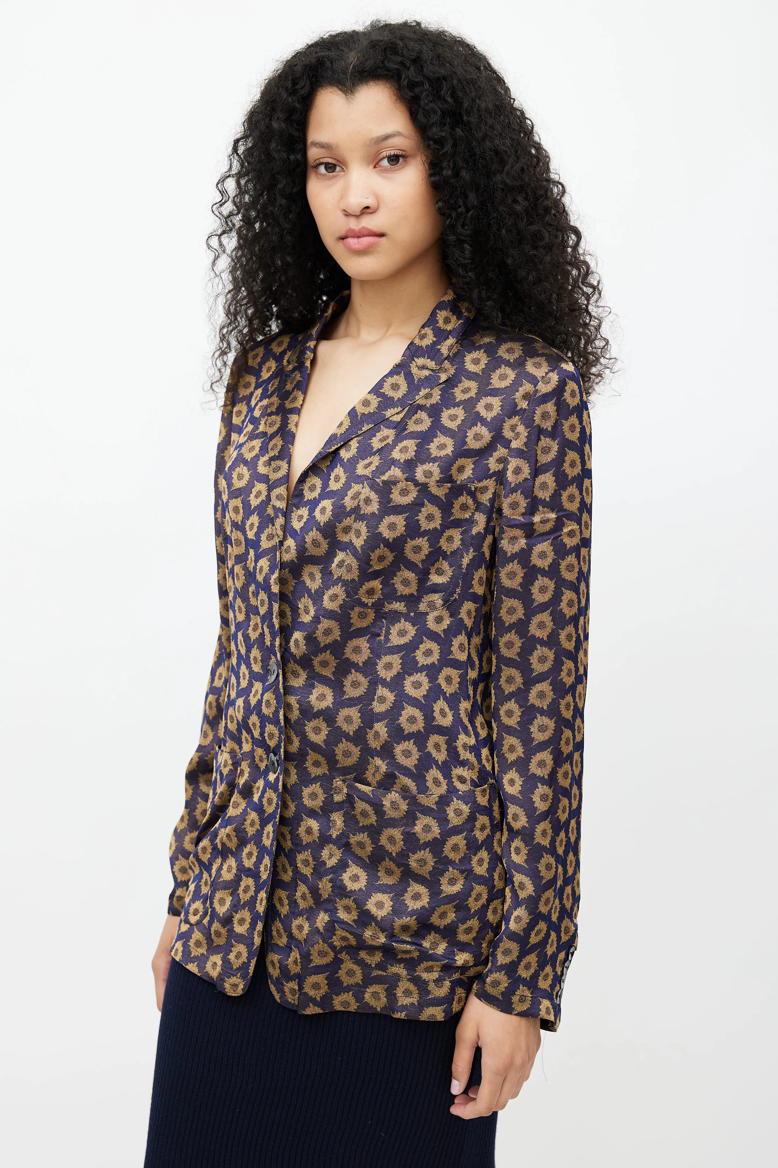 Navy & Gold Jacquard Floral Lightweight Blazer
