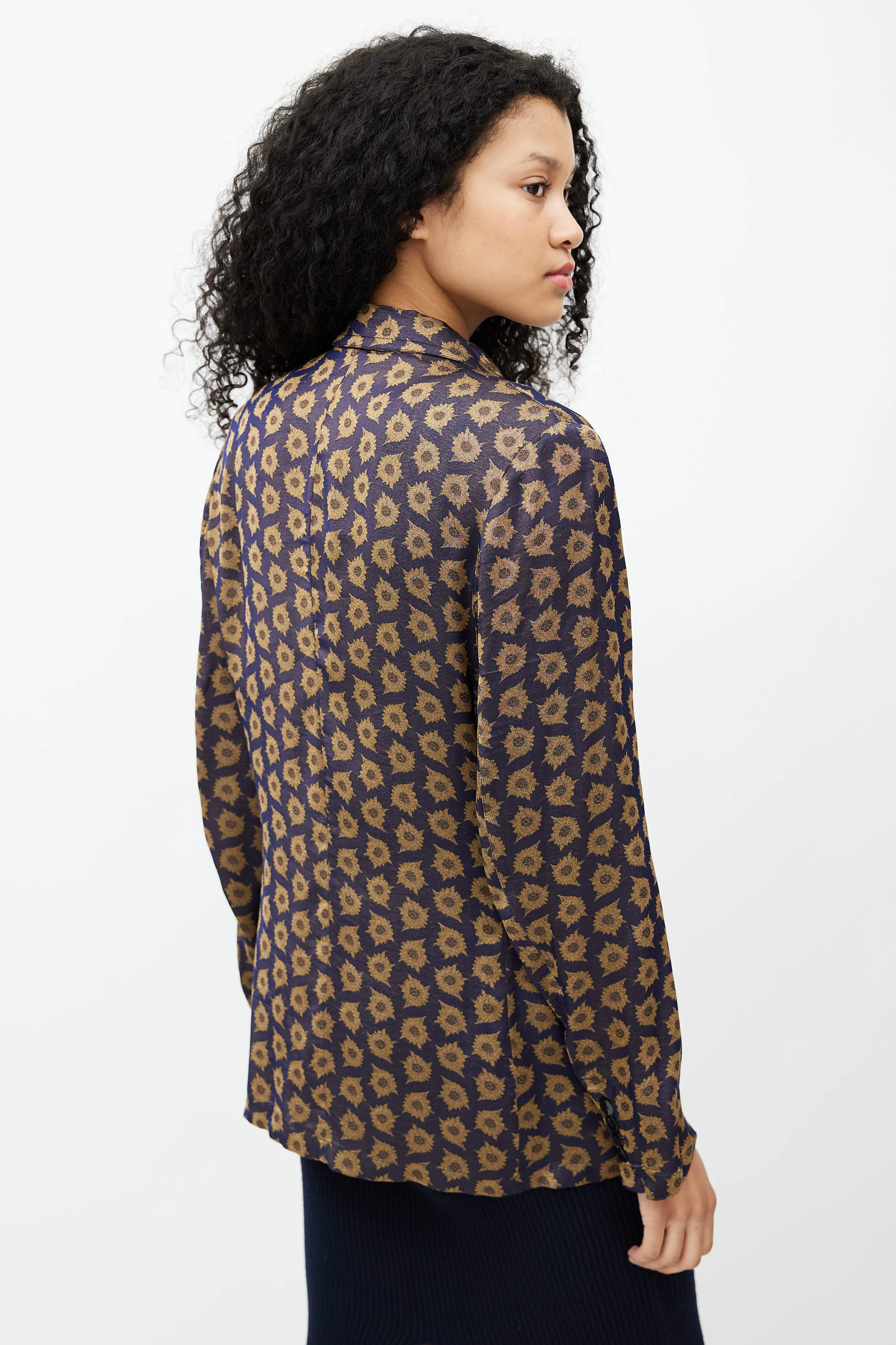Navy & Gold Jacquard Floral Lightweight Blazer