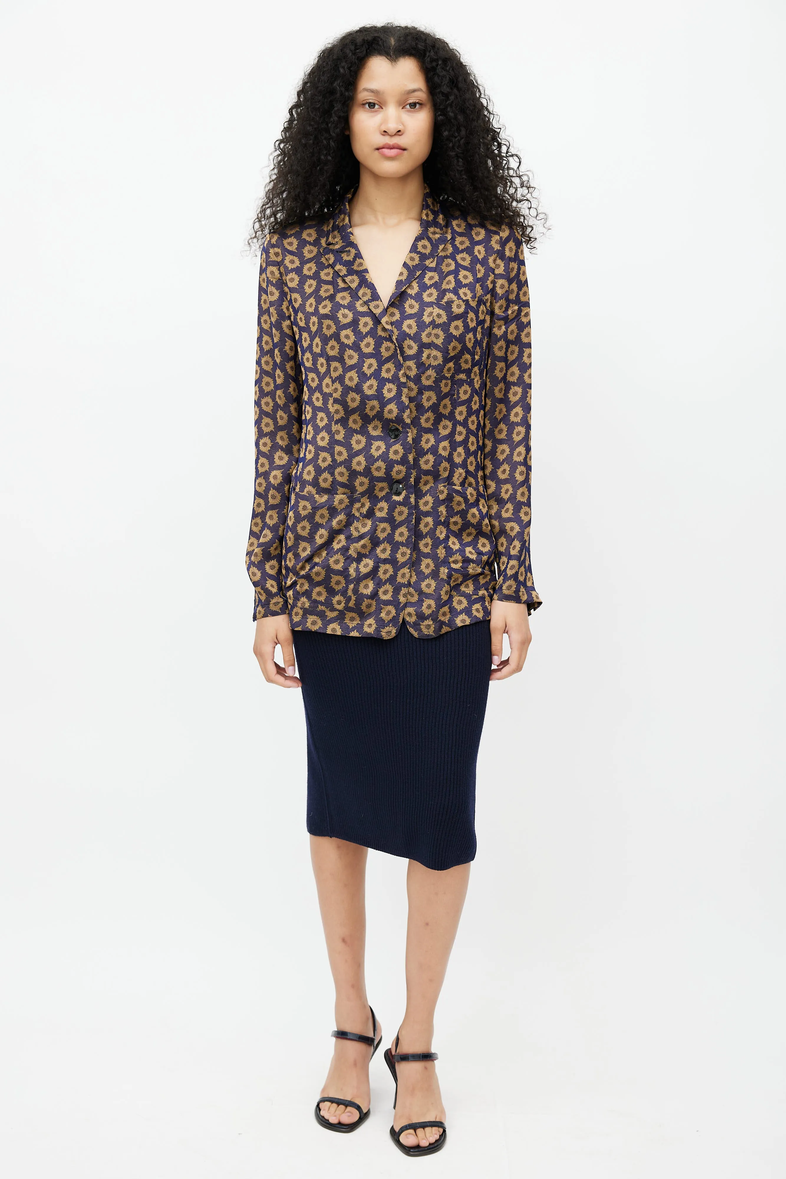 Navy & Gold Jacquard Floral Lightweight Blazer