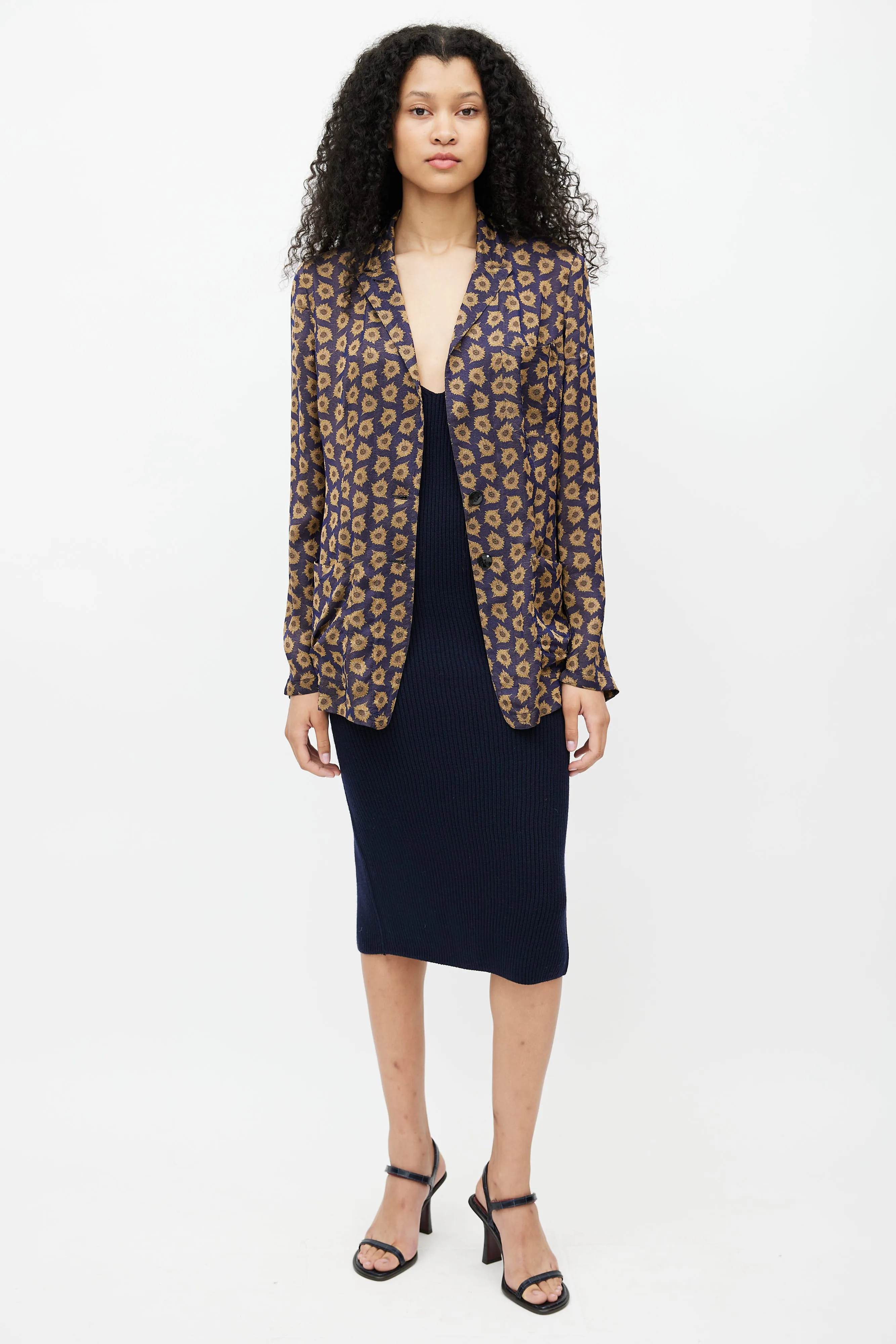 Navy & Gold Jacquard Floral Lightweight Blazer