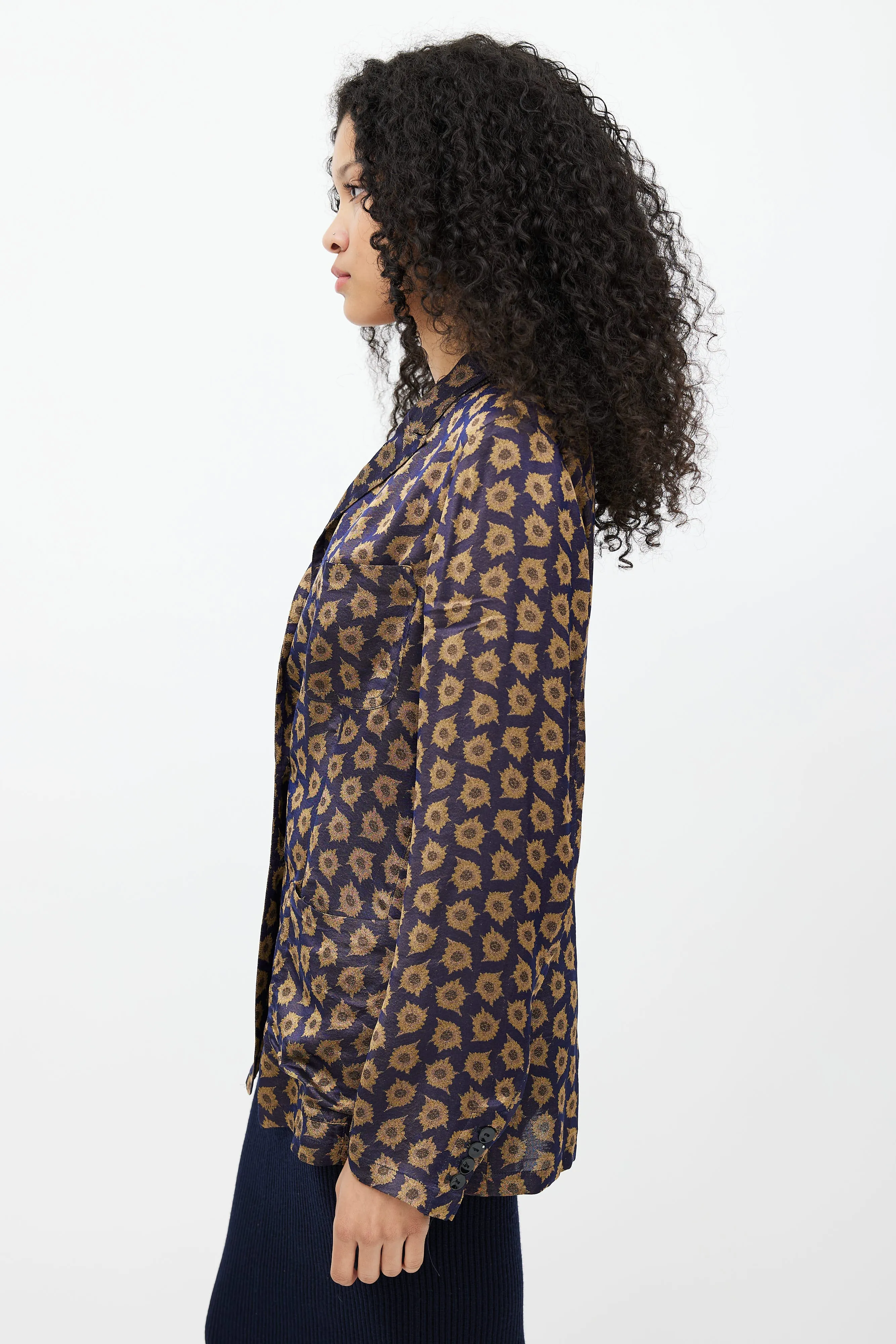 Navy & Gold Jacquard Floral Lightweight Blazer