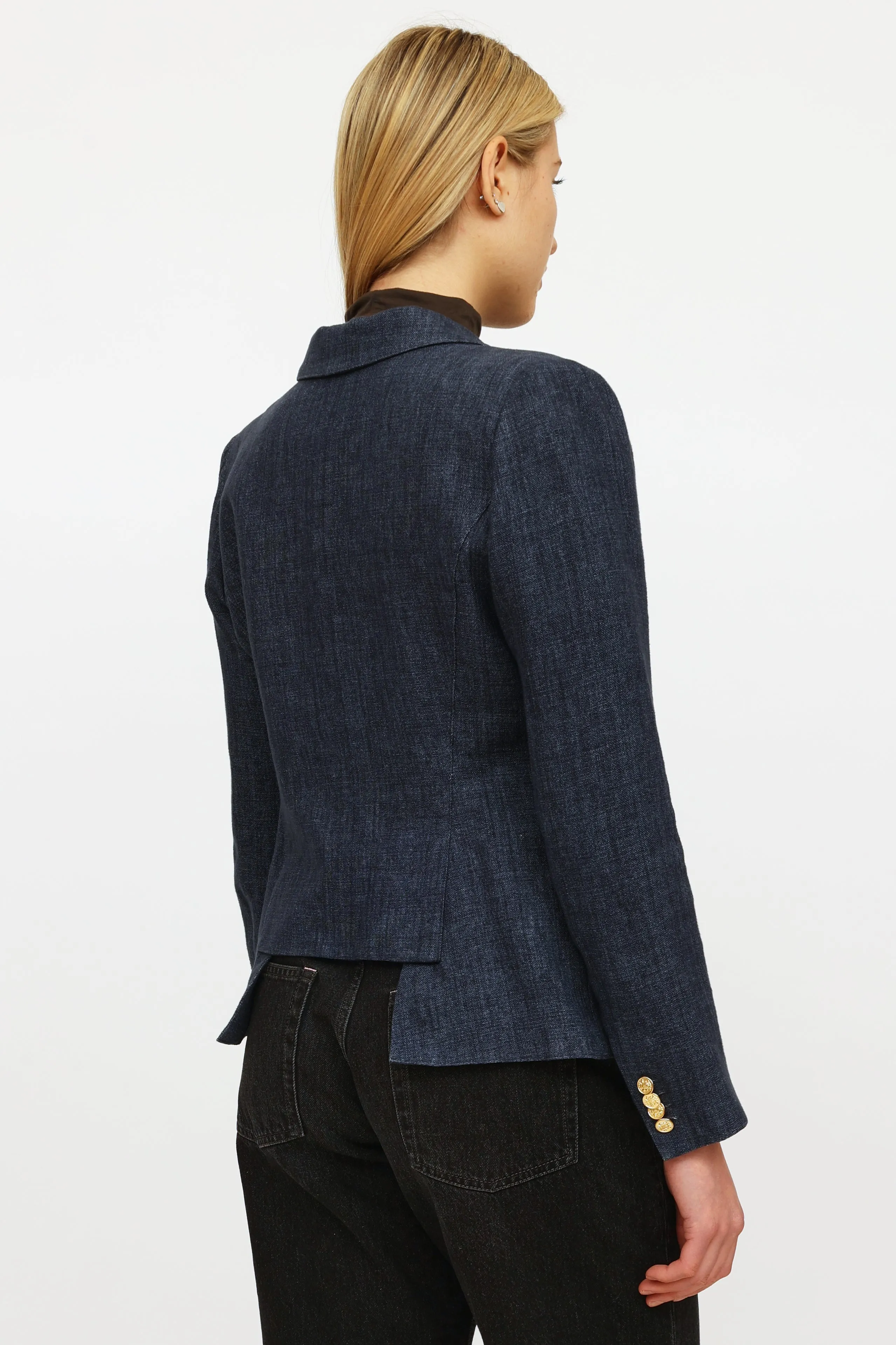 Navy Linen Button Blazer