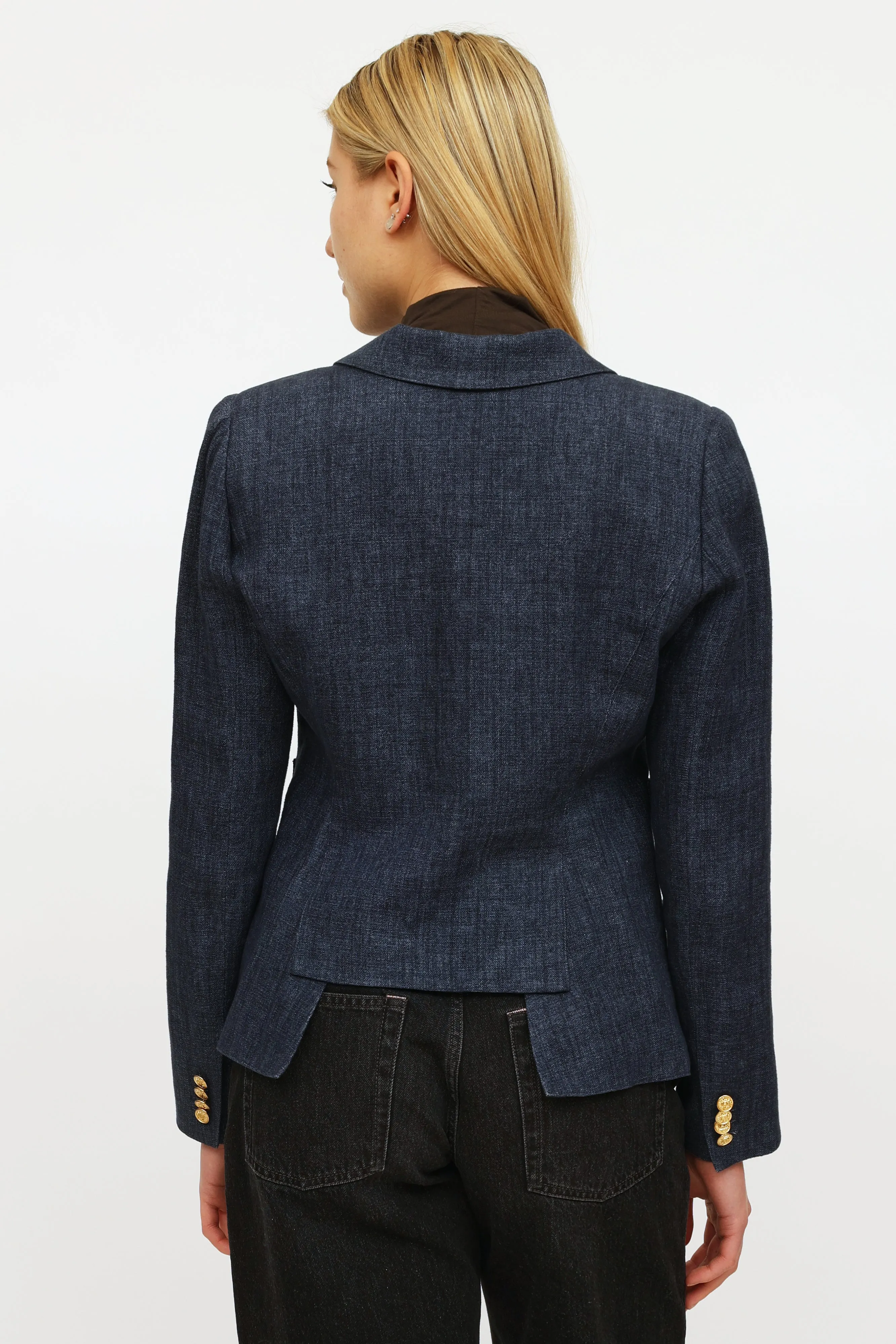 Navy Linen Button Blazer