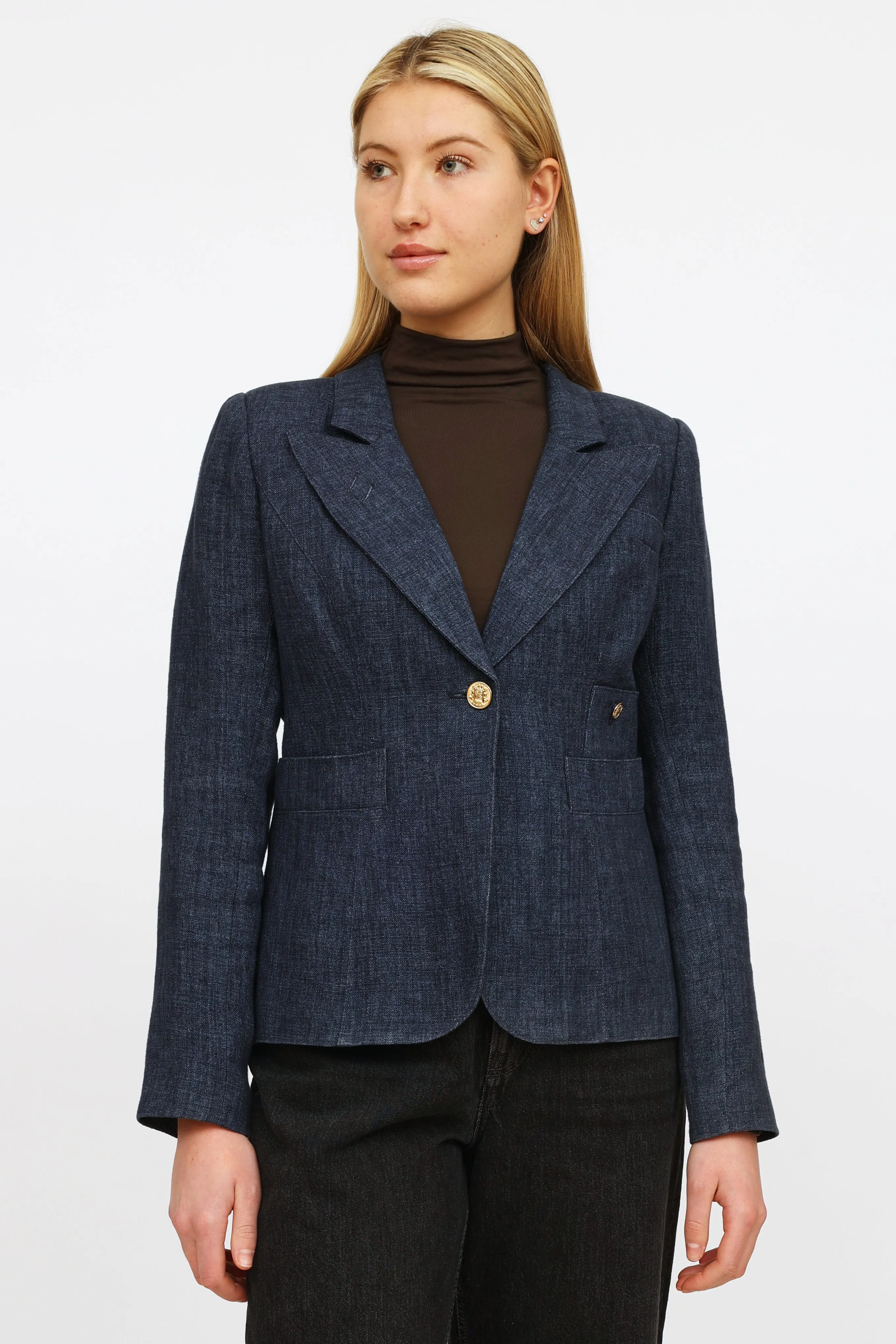 Navy Linen Button Blazer