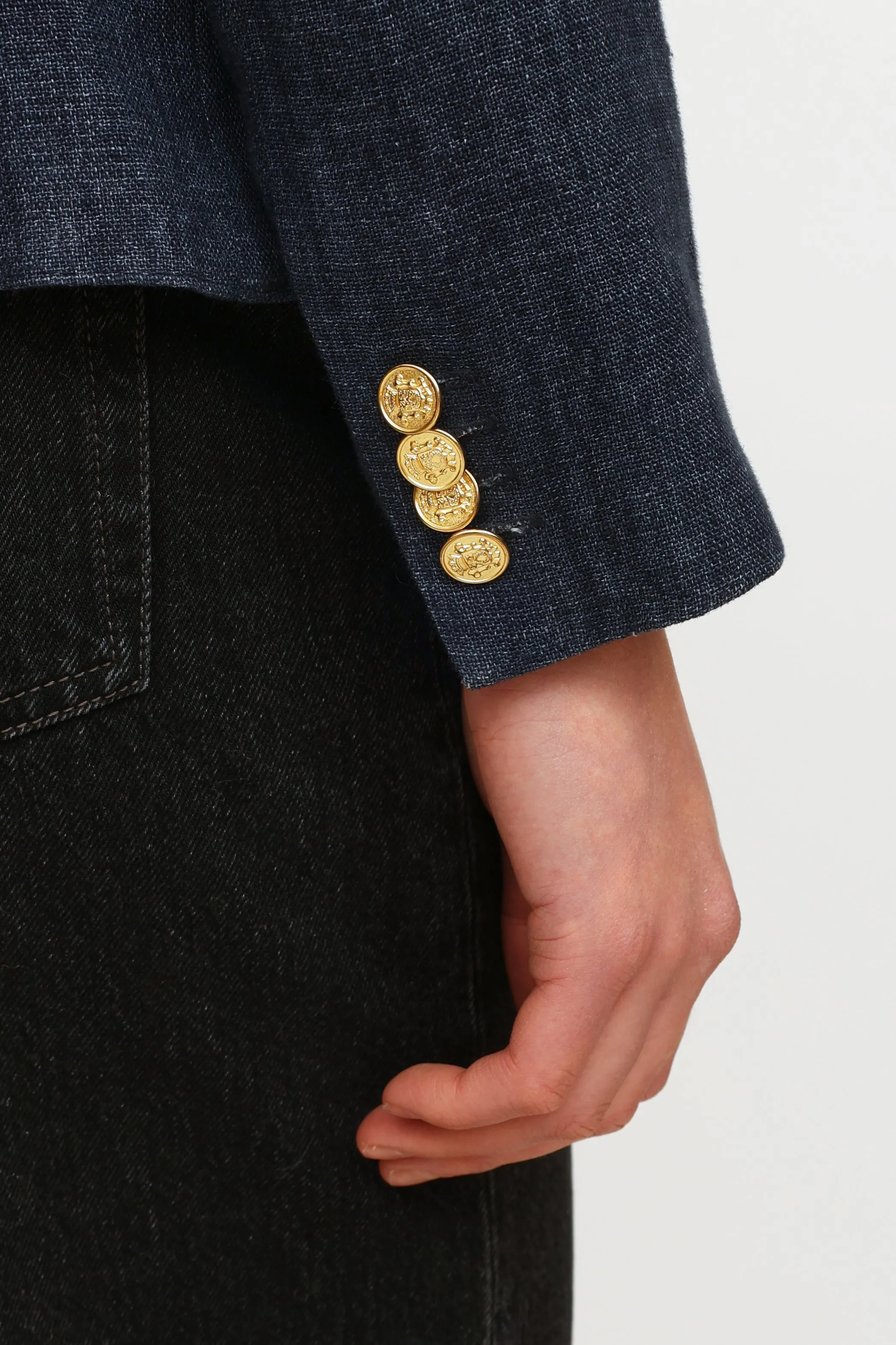 Navy Linen Button Blazer