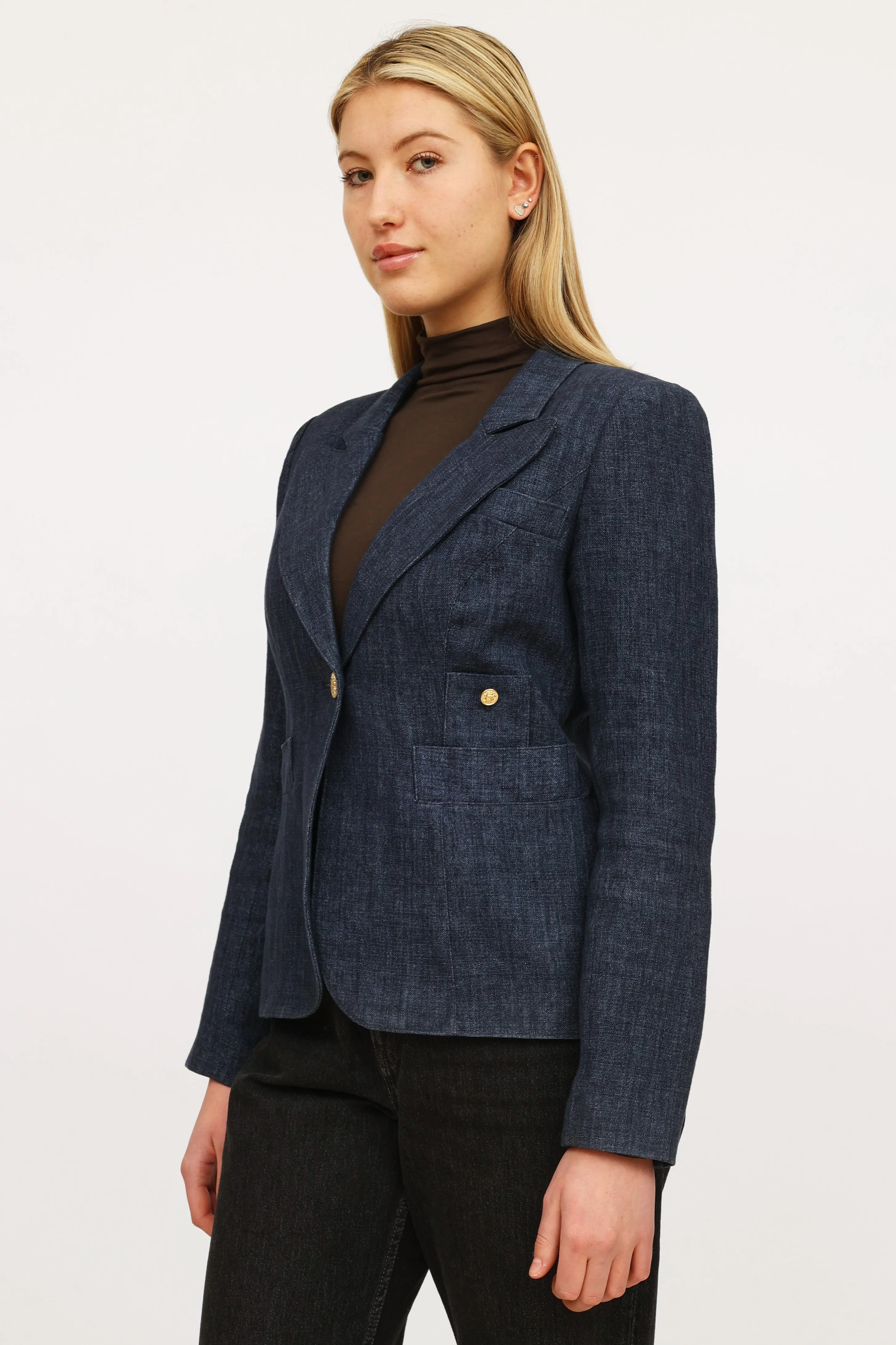 Navy Linen Button Blazer