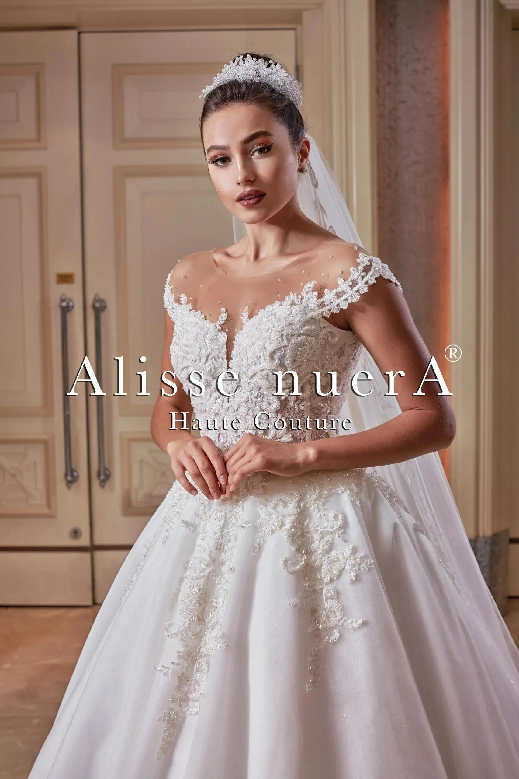 Off Shoulder Illusion Scalloped Lace Hemline Wedding Dress
