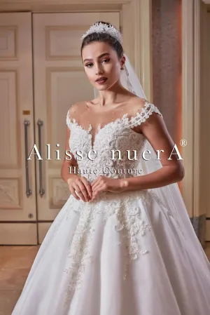 Off Shoulder Illusion Scalloped Lace Hemline Wedding Dress