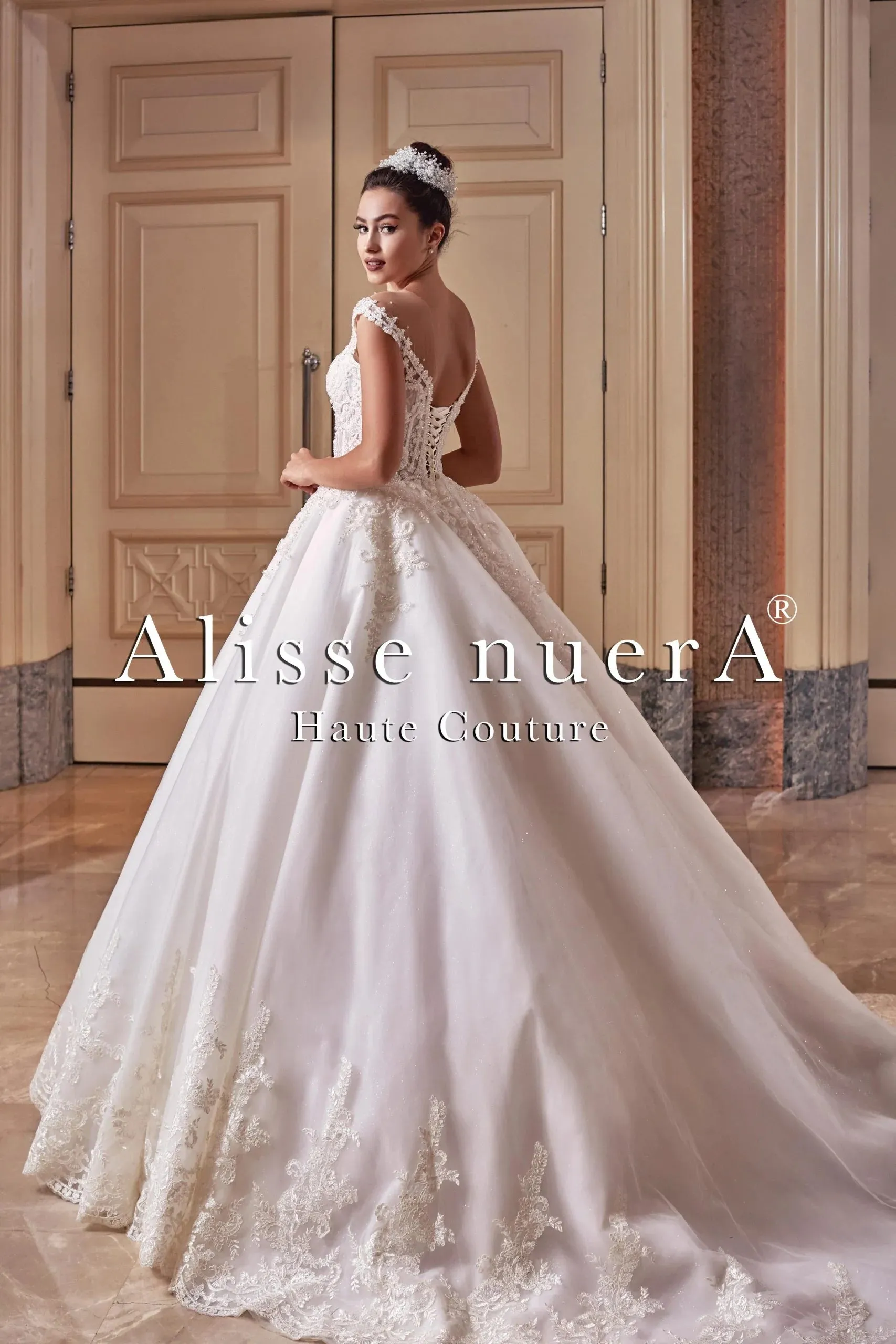 Off Shoulder Illusion Scalloped Lace Hemline Wedding Dress