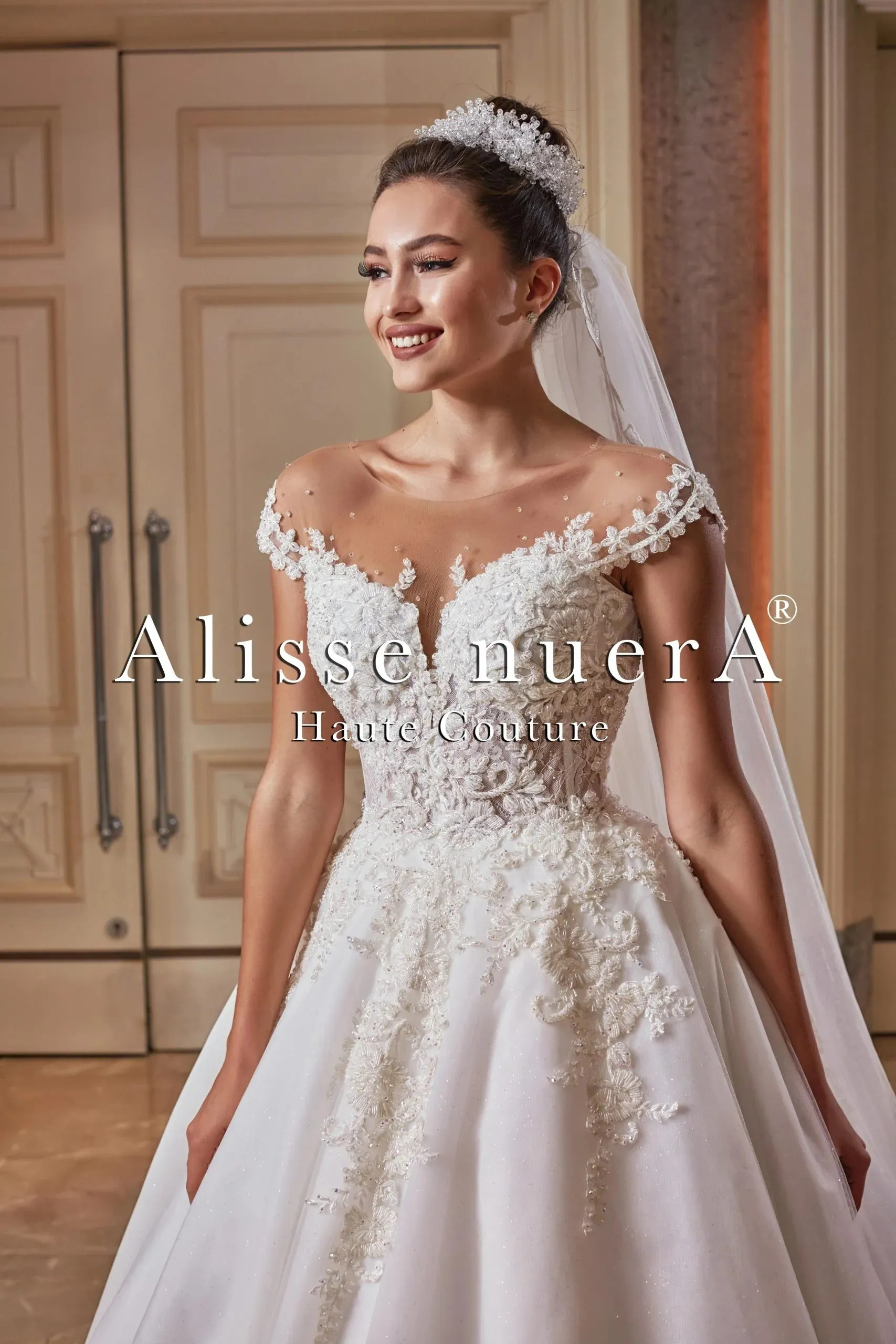 Off Shoulder Illusion Scalloped Lace Hemline Wedding Dress