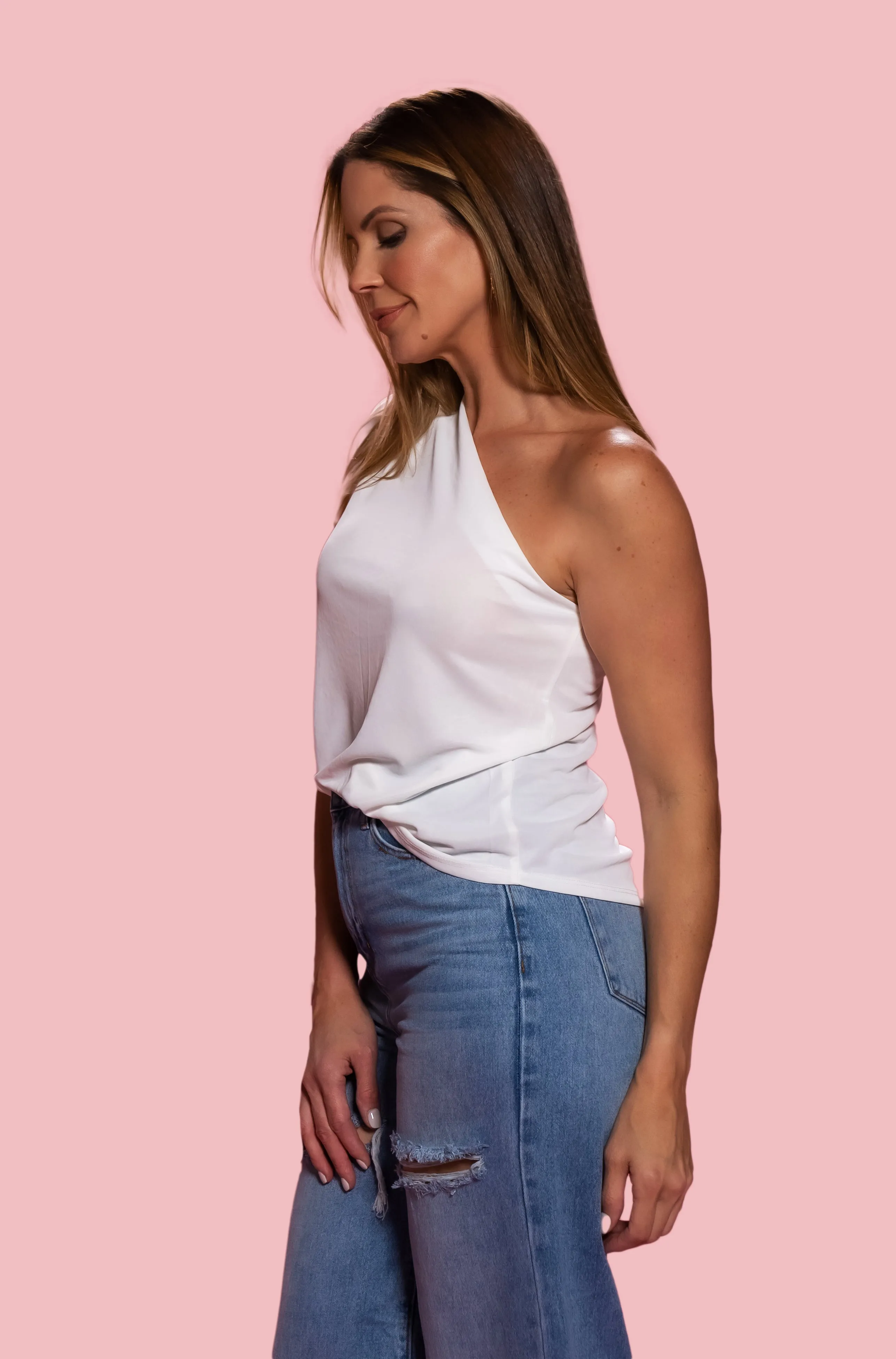 ONE SHOULDER BALLOON SLEEVES STRETCH WOVEN TOP