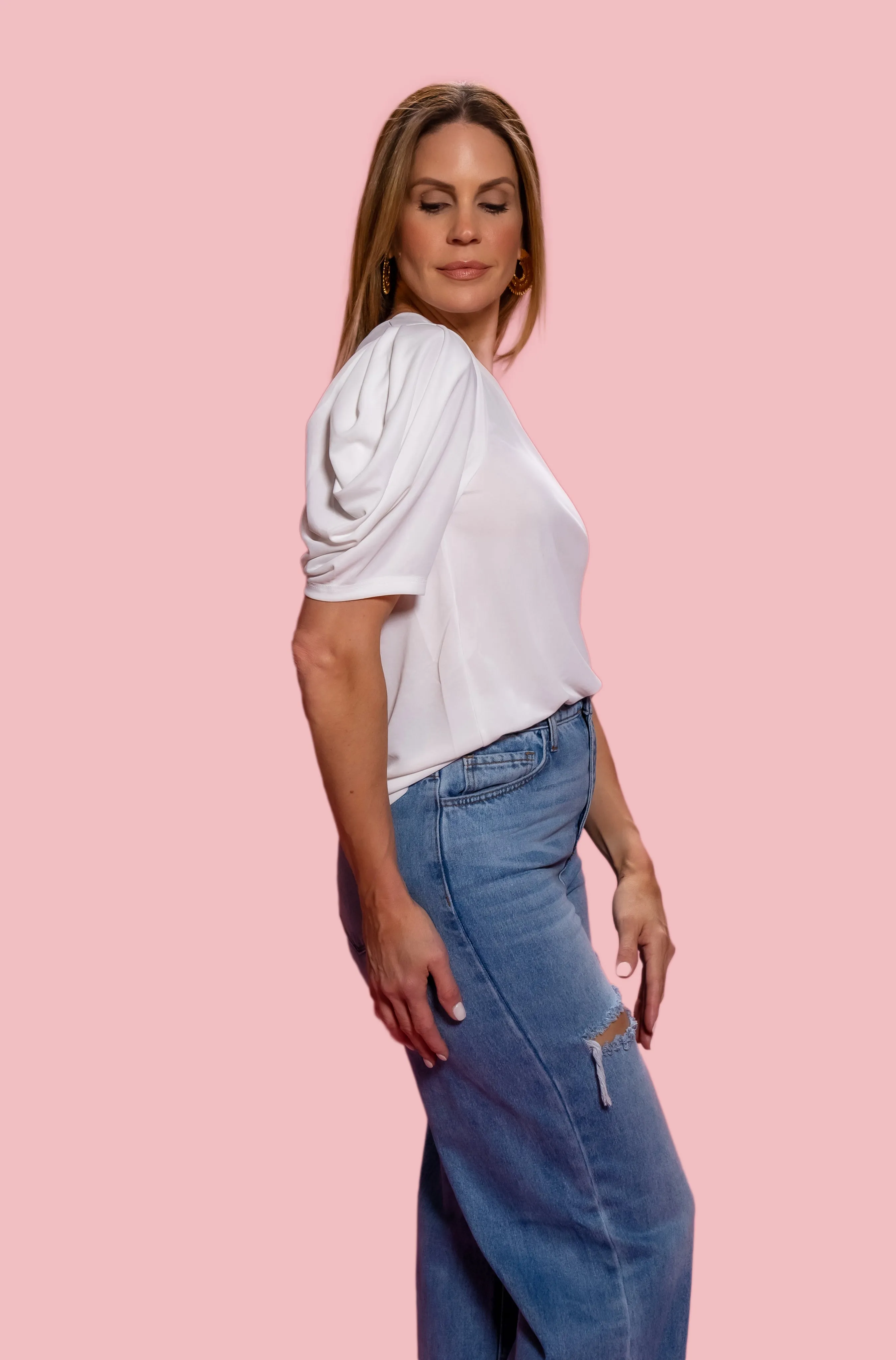 ONE SHOULDER BALLOON SLEEVES STRETCH WOVEN TOP