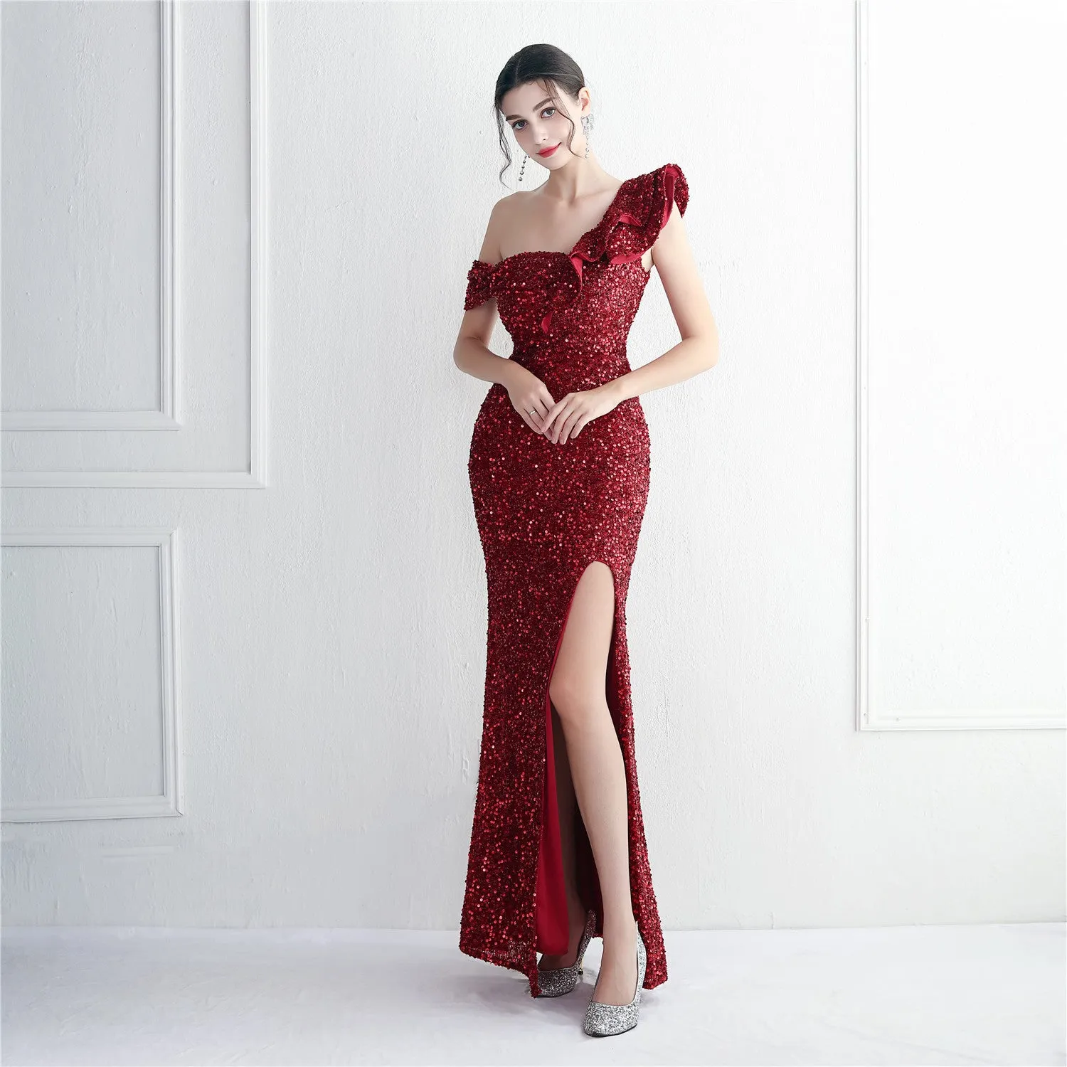 Padded Shoulder and Slit Hips Statement-Making Silk Floor Length Ball Dress
