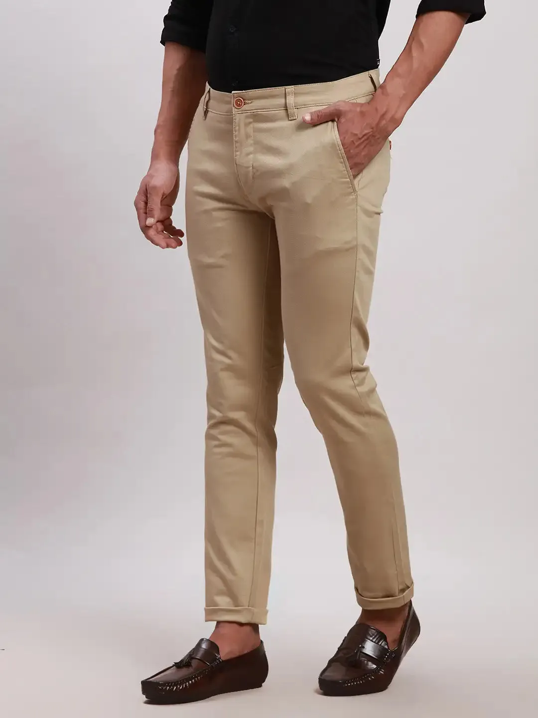 Parx Men Khaki Super Slim Fit Solid Cotton Blend Trousers