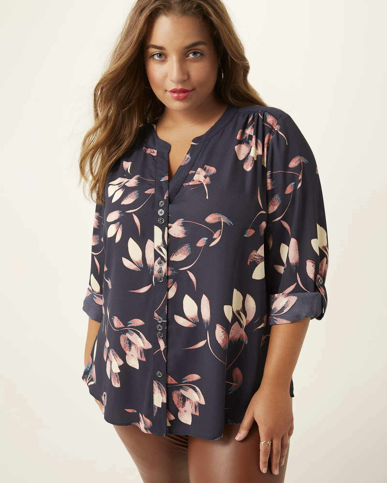 Patricia Printed Button-Front Blouse | Navy / Pink