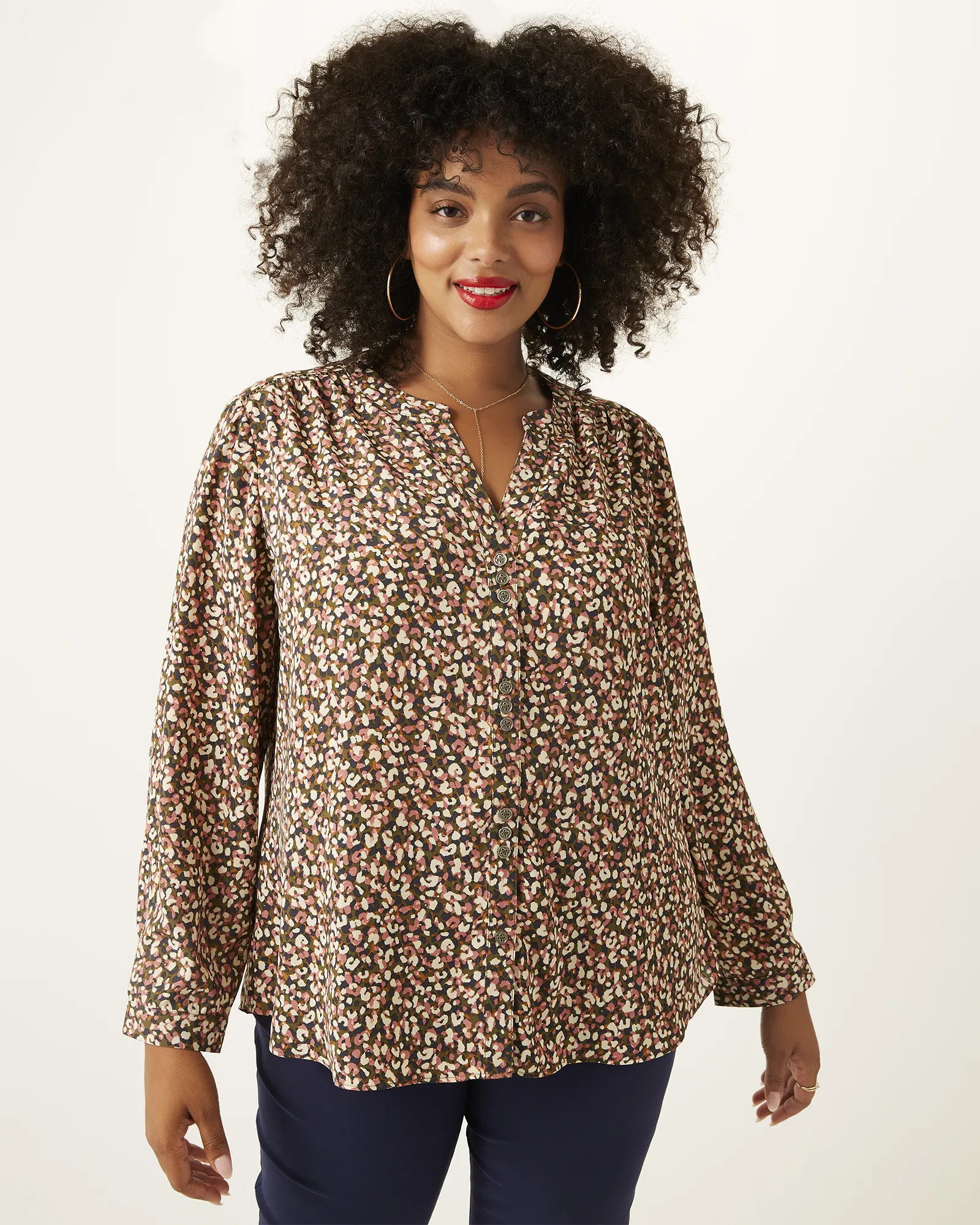 Patricia Printed Button-Front Blouse | Olive Green / Ivory
