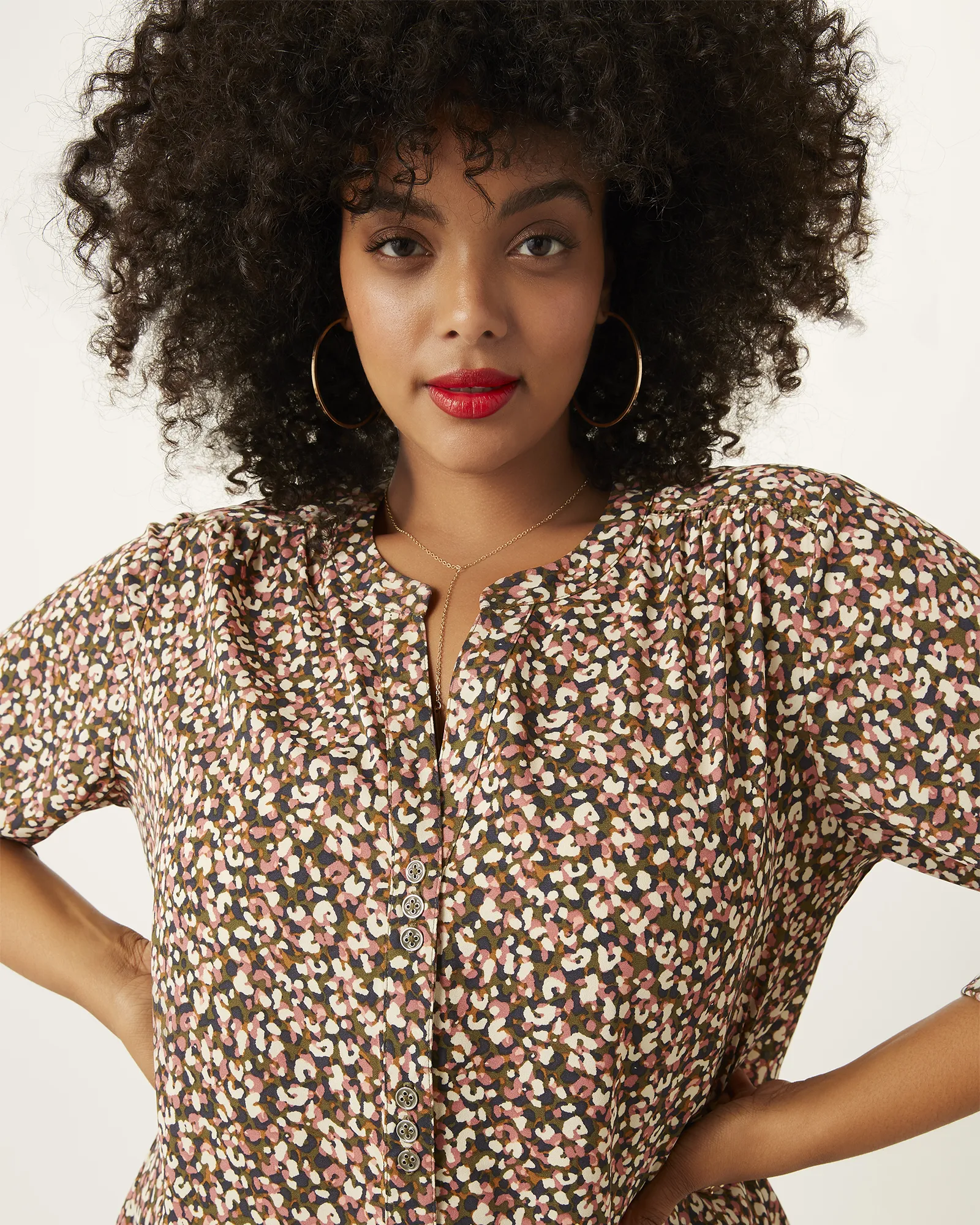 Patricia Printed Button-Front Blouse | Olive Green / Ivory