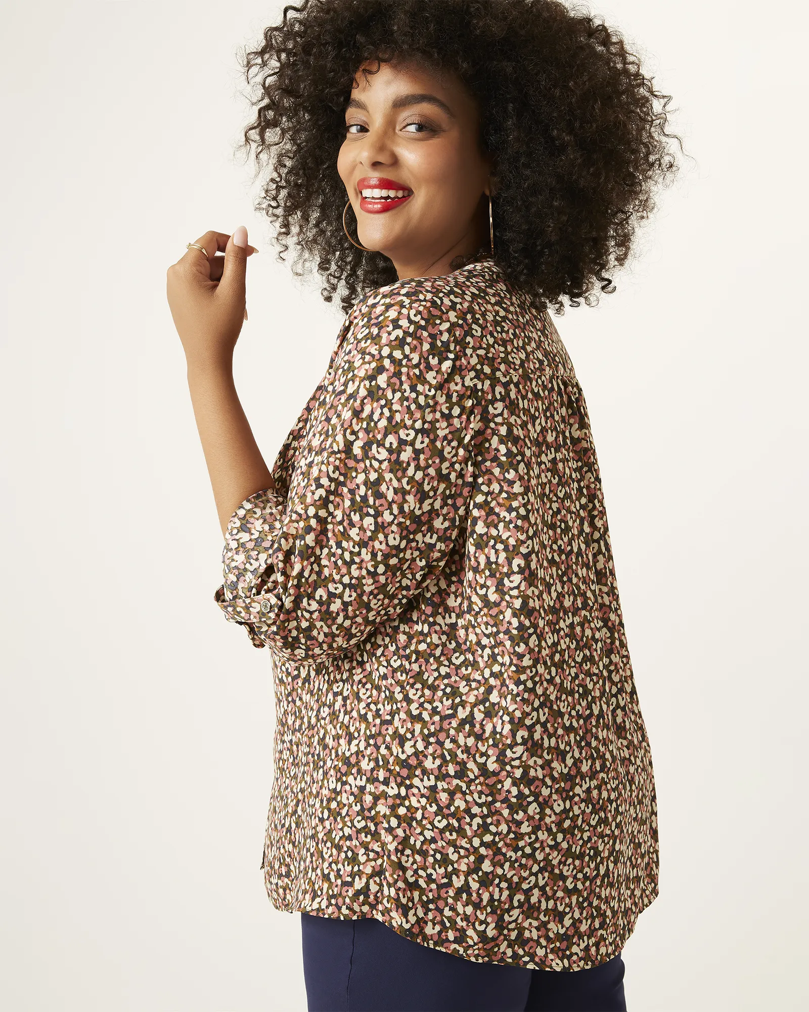 Patricia Printed Button-Front Blouse | Olive Green / Ivory