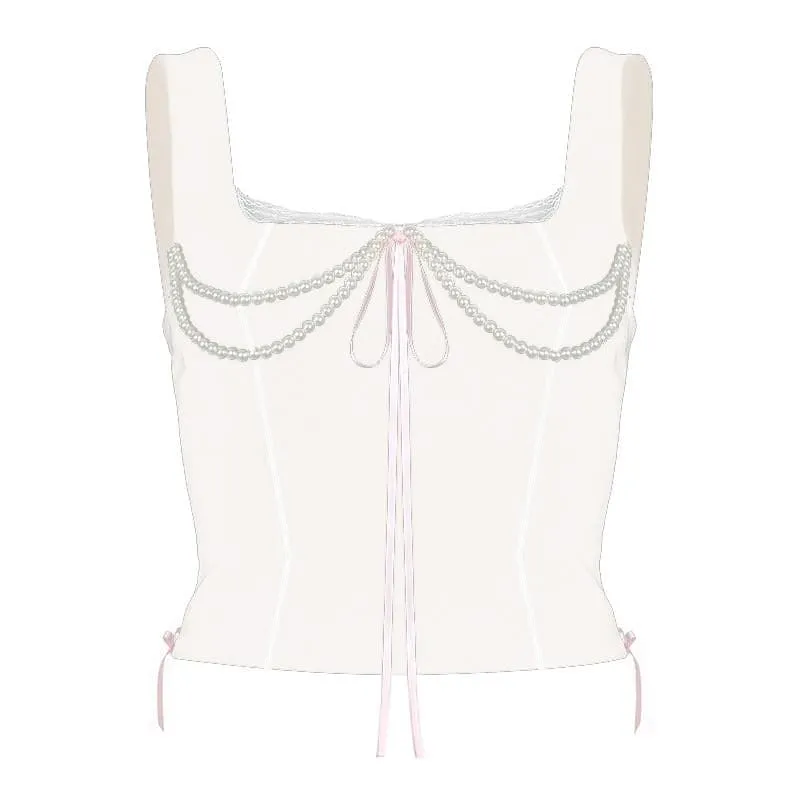 Pearl chain square neck lace hem sleeveless lace up crop top