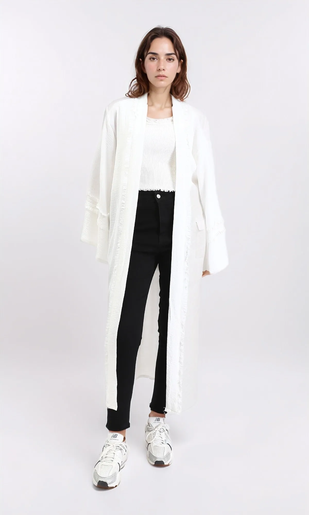R206976 - Slip On Textured Long Cardigan - Off-White