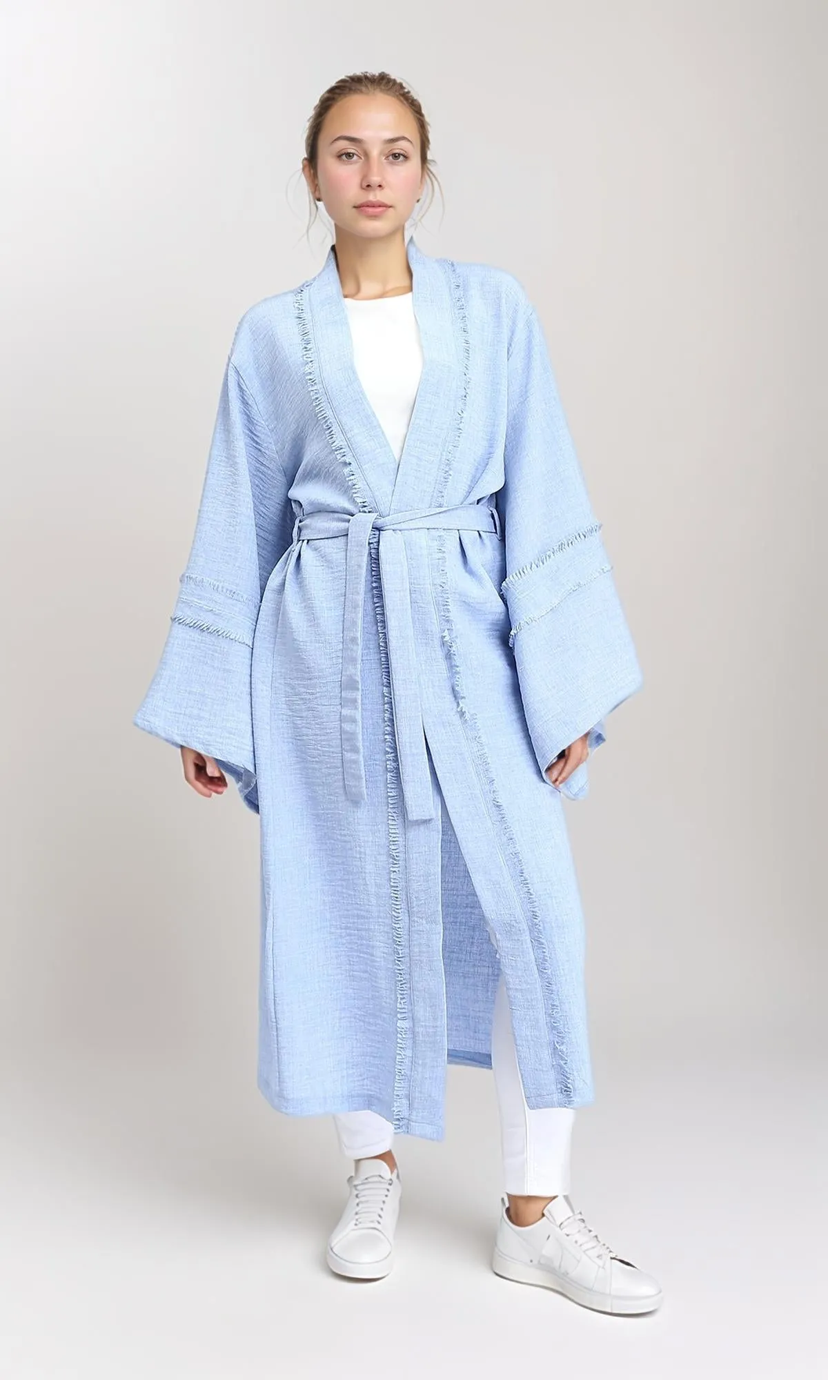 R207249 - Wide Long Sleeves Textured Cardigan - Light Blue