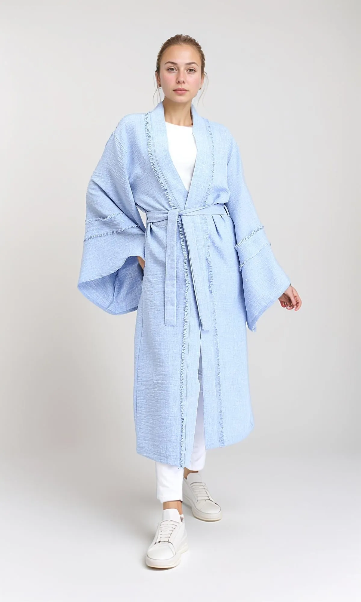 R207249 - Wide Long Sleeves Textured Cardigan - Light Blue