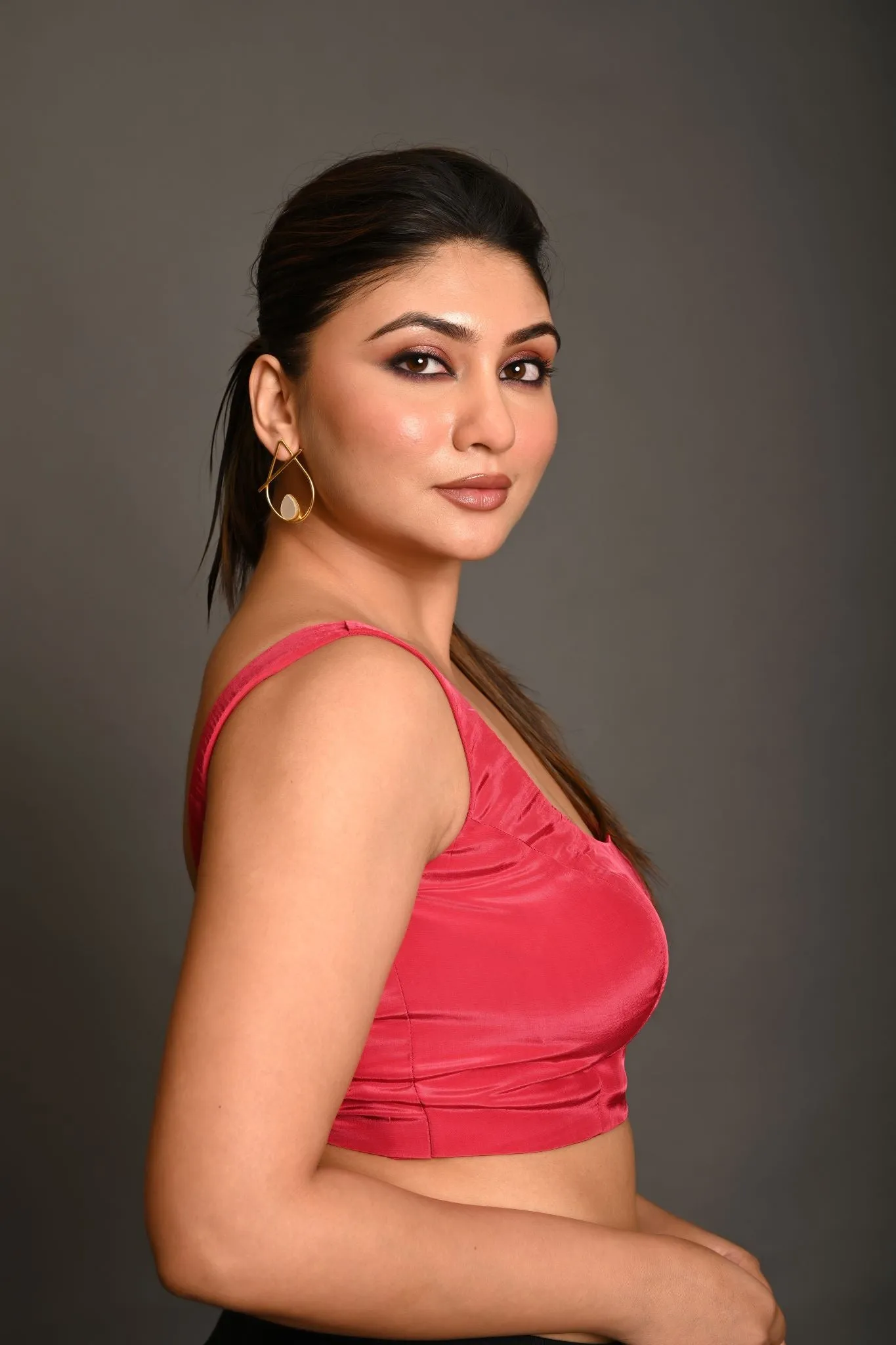 Reddish Pink Blouse in Crepe Silk with U Neckline and Back closure
