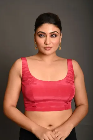Reddish Pink Blouse in Crepe Silk with U Neckline and Back closure
