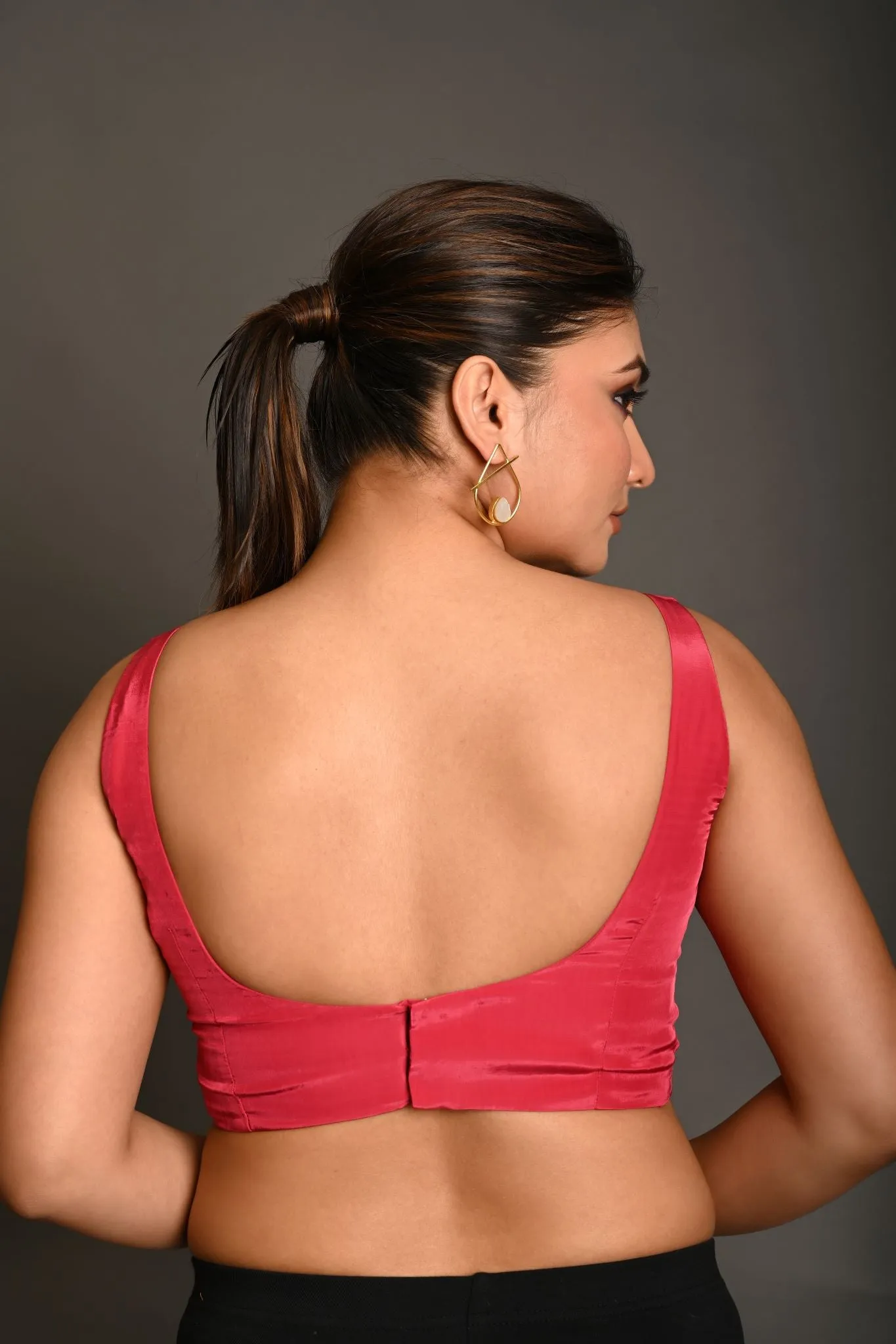 Reddish Pink Blouse in Crepe Silk with U Neckline and Back closure