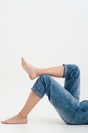Relaxed fit side rip jeans in mid blue