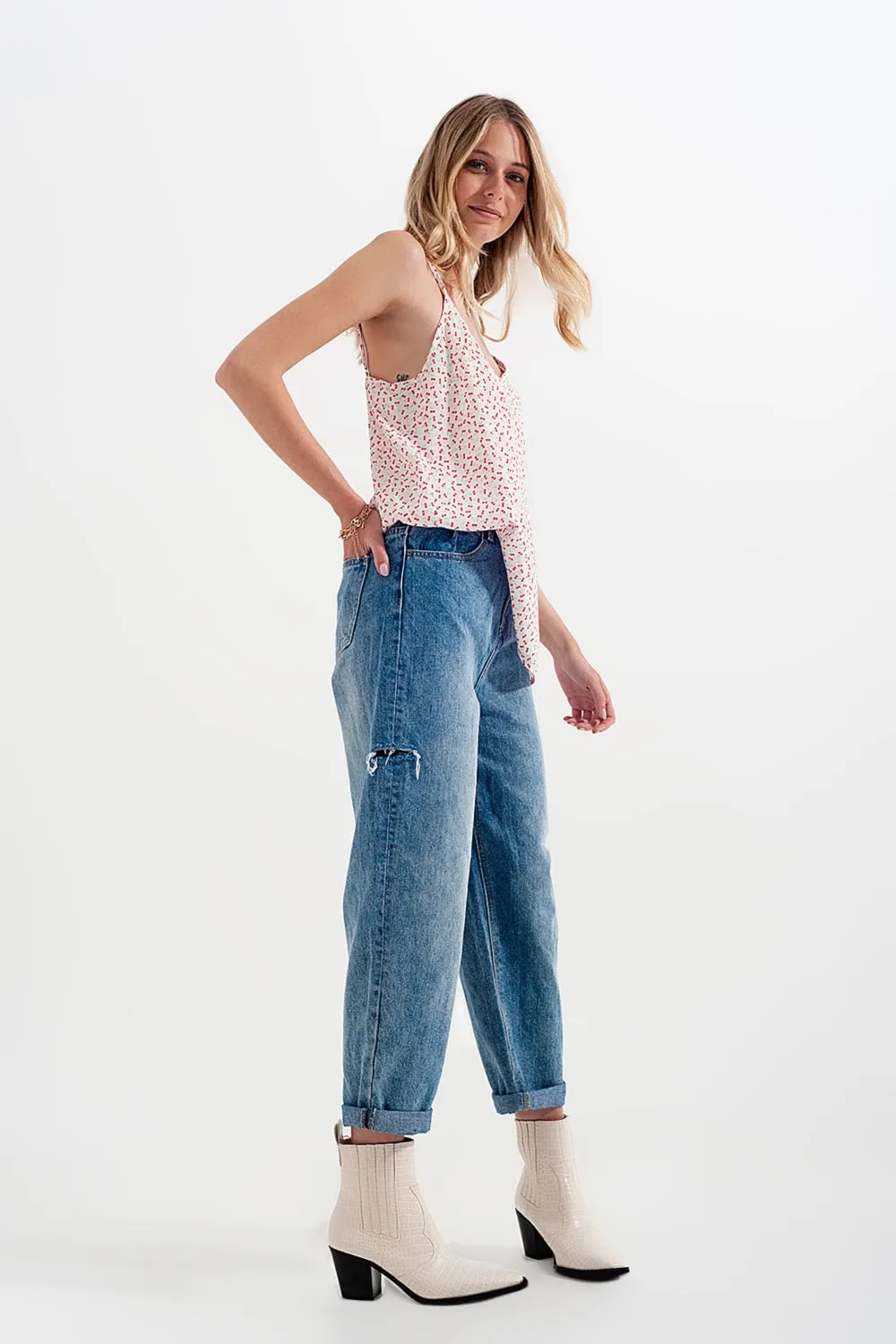 Relaxed fit side rip jeans in mid blue